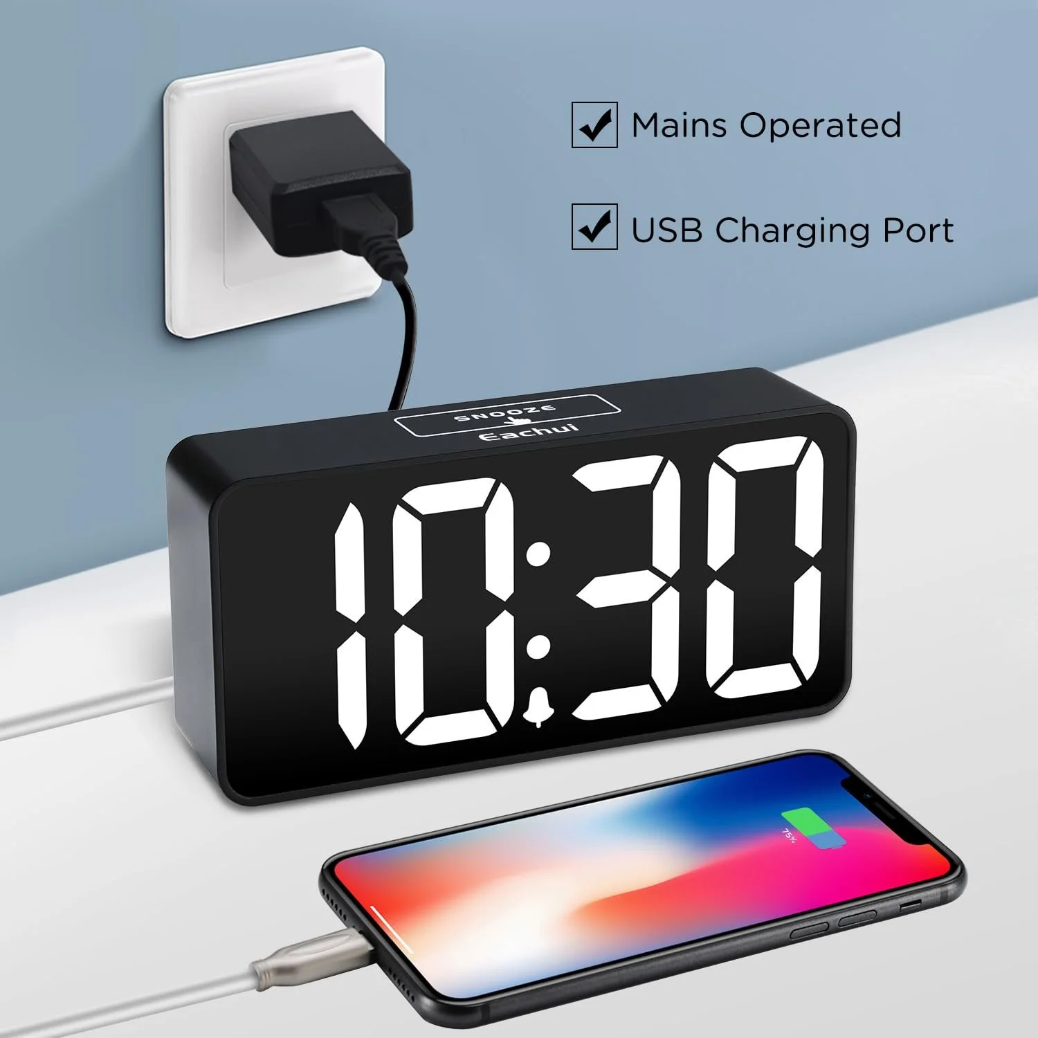 Цифровий годинник-будильник Eachui LED з USB портом для зарядки, регулюванням яскравості та гучності, фото №5 Цифровий годинник-будильник Eachui LED з USB портом для зарядки, регулюванням яскравості та гучності, фото №5