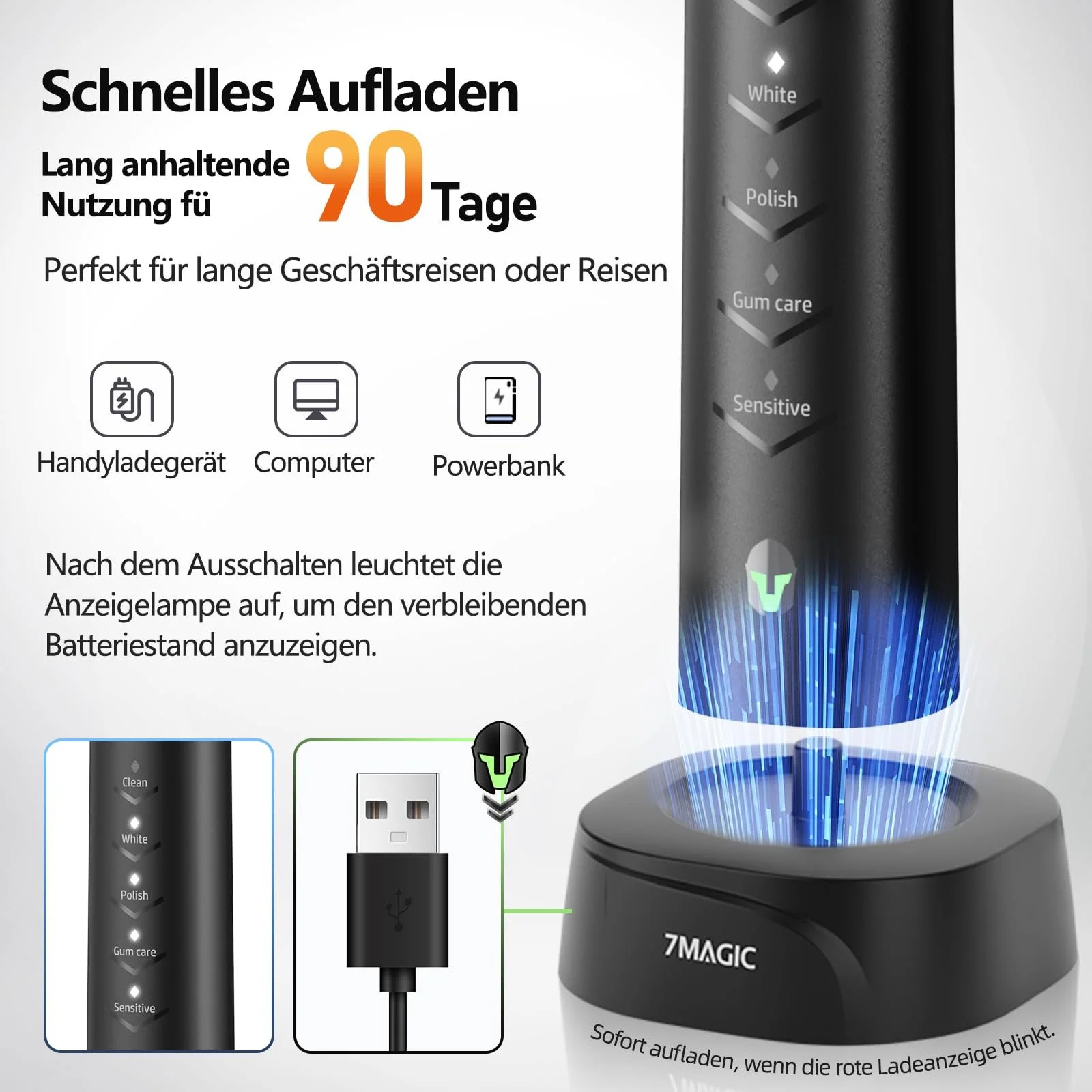 Электрическая звуковая зубная щетка 7MAGIC Knight 40000 VPM IPX7 90 дней работы Черный рыцарь, фото №5