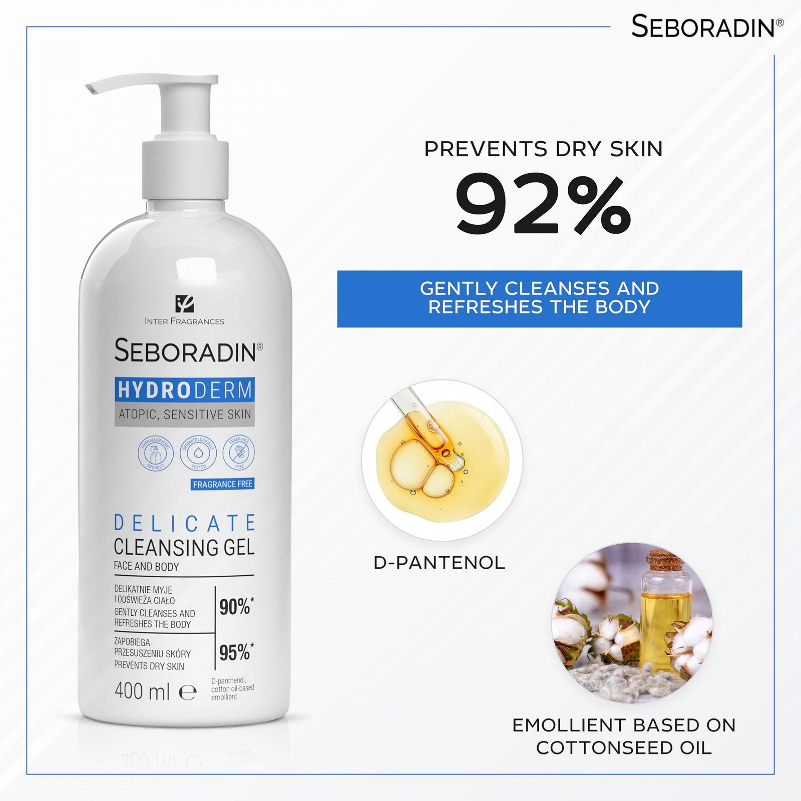 Гель для душу Seboradin Hydroderm для чутливої сухої атопічної шкіри для обличчя та тіла з D-пантенолом та олією насіння бавовни 400 мл, фото №2 Гель для душу Seboradin Hydroderm для чутливої сухої атопічної шкіри для обличчя та тіла з D-пантенолом та олією насіння бавовни 400 мл, фото №2