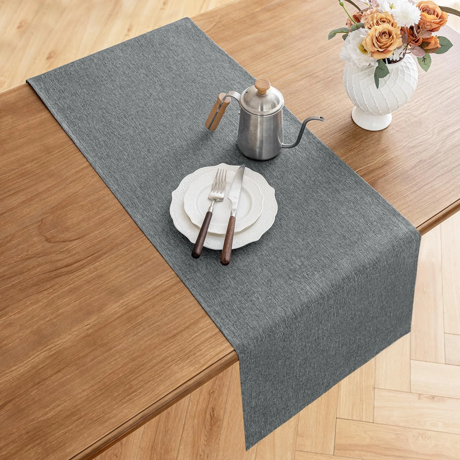 Ранер для столу AooHome Linen Look Washable Polyester Water-Repellent Lotus Effect Grey 40 x 140 см, фото №7