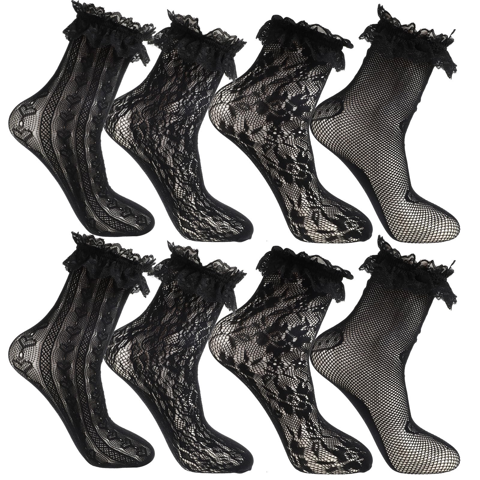 Кружевные носки (4 пары) Женские тонкие носки Черные кружевные носки для девочек Лолита Принцесса Сетчатые чулки Прозрачные нейлоновые чулки Кружевные носки с оборками для женщин и девушек, фото №1