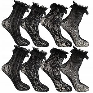 Кружевные носки (4 пары) Женские тонкие носки Черные кружевные носки для девочек Лолита Принцесса Сетчатые чулки Прозрачные нейлоновые чулки Кружевные носки с оборками для женщин и девушек - Фото 1