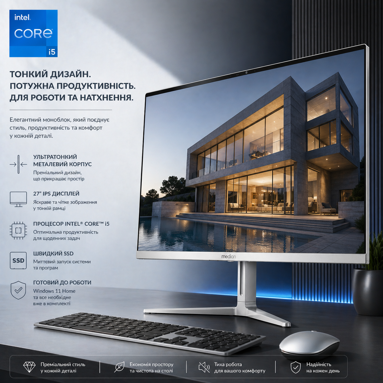 Моноблок 27" Medion (Lenovo Group) Akoya E27419 | 8-ядерний Intel Core i5-13420H | IPS (1920x1080) FullHD | RAM 16 ГБ | SSD 512 ГБ | Intel Graphics | Wi-Fi 6E | Bluetooth 5.2 | Тонкий металевий корпус | Win11 (5170), фото №1