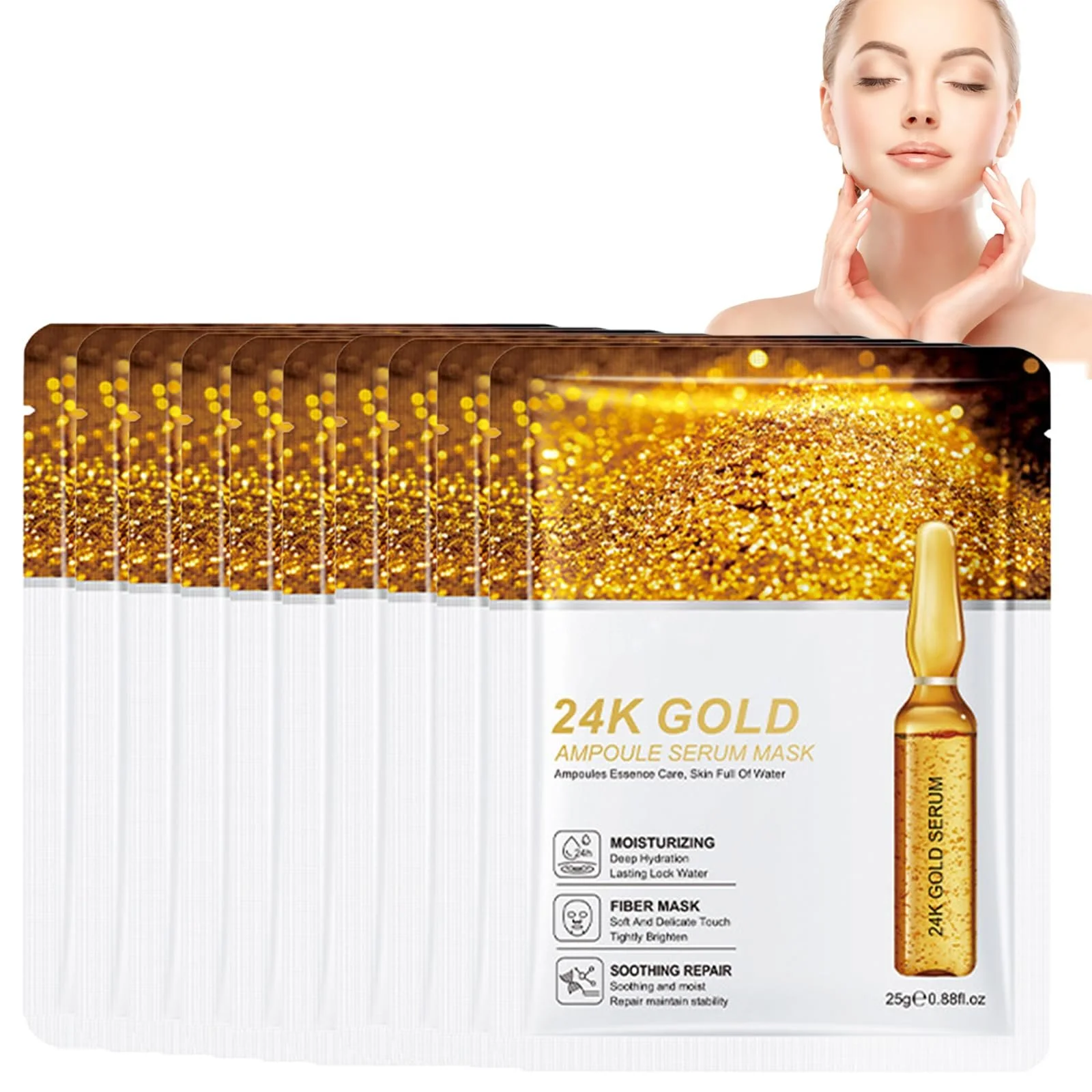 Маска для обличчя плівкова 24K Gold, проти зморшок, для глибокого очищення, для всіх типів шкіри, контролює жирність, 10 штук, фото №1