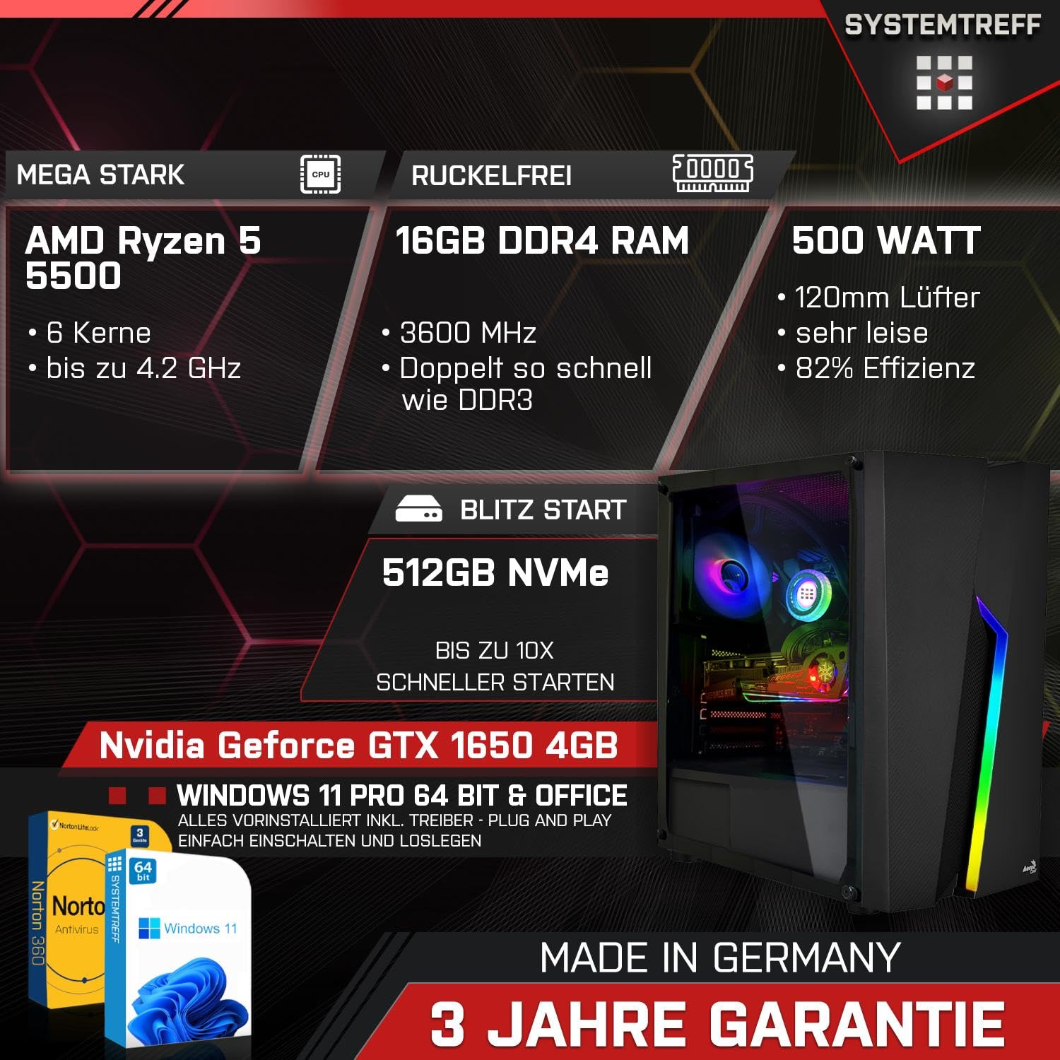 Комплект ПК SYSTEMTREFF Basic Gaming AMD Ryzen 5 5500 6x4.2GHz Nvidia Geforce GTX 1650 4GB DX12 512GB M.2 NVMe 16GB DDR4 RAM WLAN для геймерів Комп'ютер для ігор, фото №2