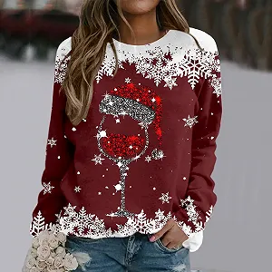 Рождественский свитер женский с длинными рукавами, праздничный свитшот с круглым вырезом, блестящий принт бокала для вина synthetic.ua - Фото 1
