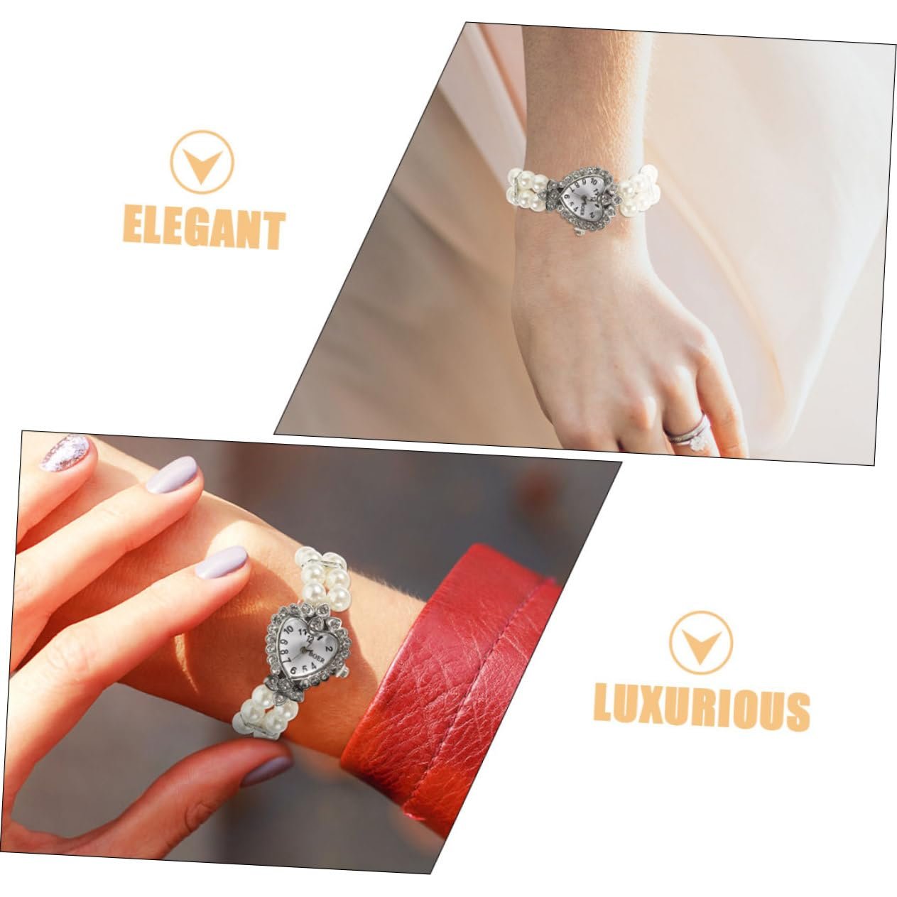 Часы женские PartyKindom Кварцевые Аналоговые с эластичным браслетом из двойного ряда жемчуга в форме сердца, фото №3