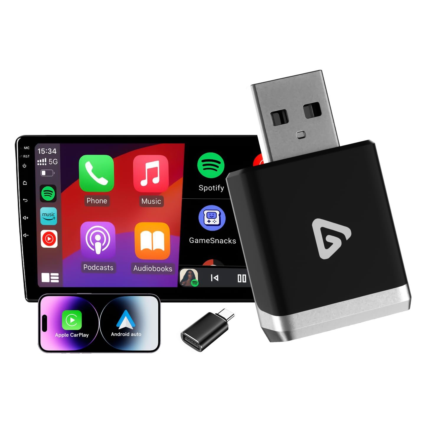 Беспроводной адаптер 2-в-1 для Android Car & CarPlay - Преобразует проводной CarPlay в беспроводной, с адаптером USB-C, 5.8GHz WiFi, мини-дизайн, Plug & Play, совместим с iOS 10+ и Android 11+, фото №1