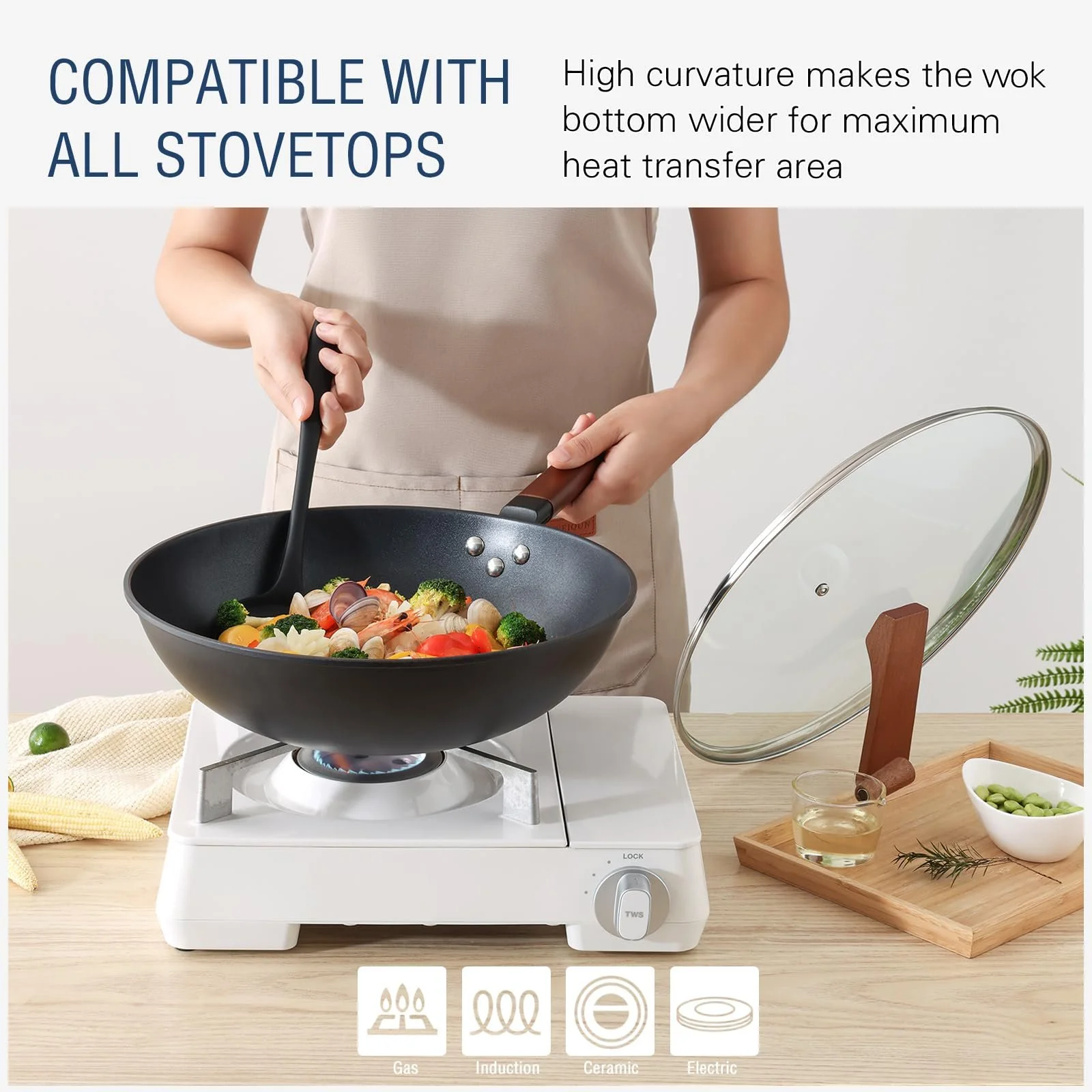 Сковорідка-Вок Kordisen Без прилипання 33 см/5.6 л з кришкою, Без хімічного покриття, Попередньо оброблений, Підходить для індукційних/електричних/газових плит, фото №2