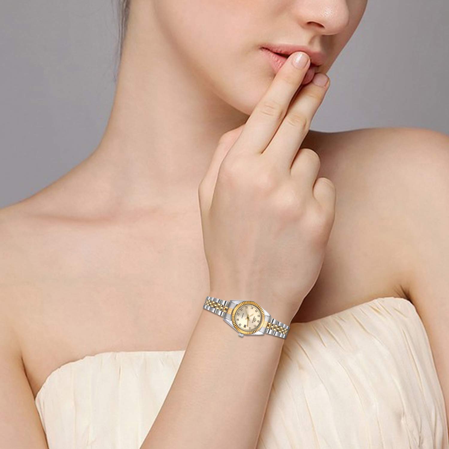 Парные часы Кварцевые аналоговые с календарем JewelryWe Водонепроницаемые 30 м с браслетом из нержавеющей стали с циферблатом из Rhinestone, фото №2