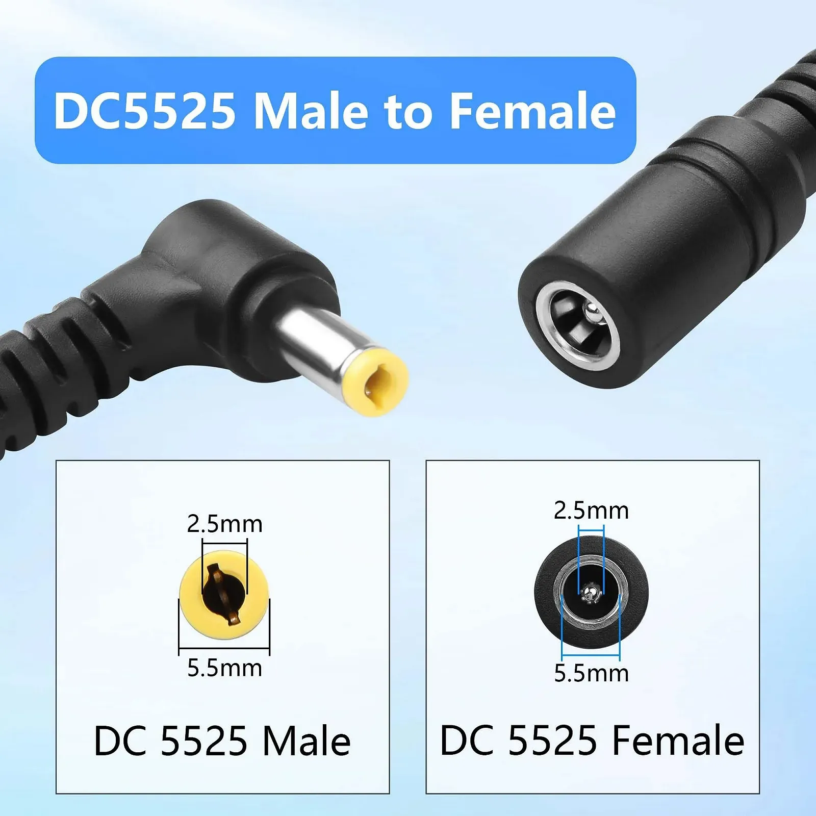 Кабель-подовжувач DC5525 GINTOOYUN 18AWG 5.5 мм x 2.5 мм 90 Degree Male to Female 1 м, фото №5