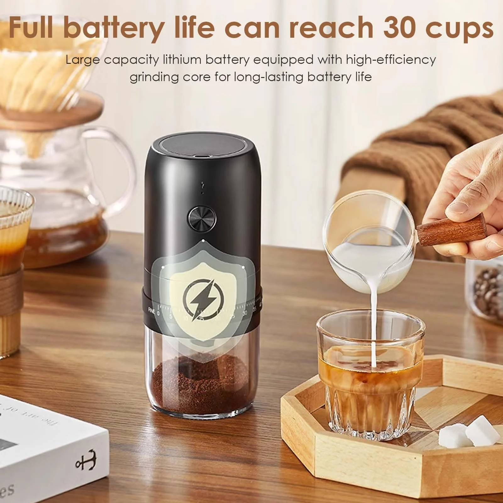Електрична кавомолка USB акумуляторна з керамічним конусом, портативна з різними налаштуваннями помелу для подорожей, кемпінгу, офісу, еспресо, фото №5