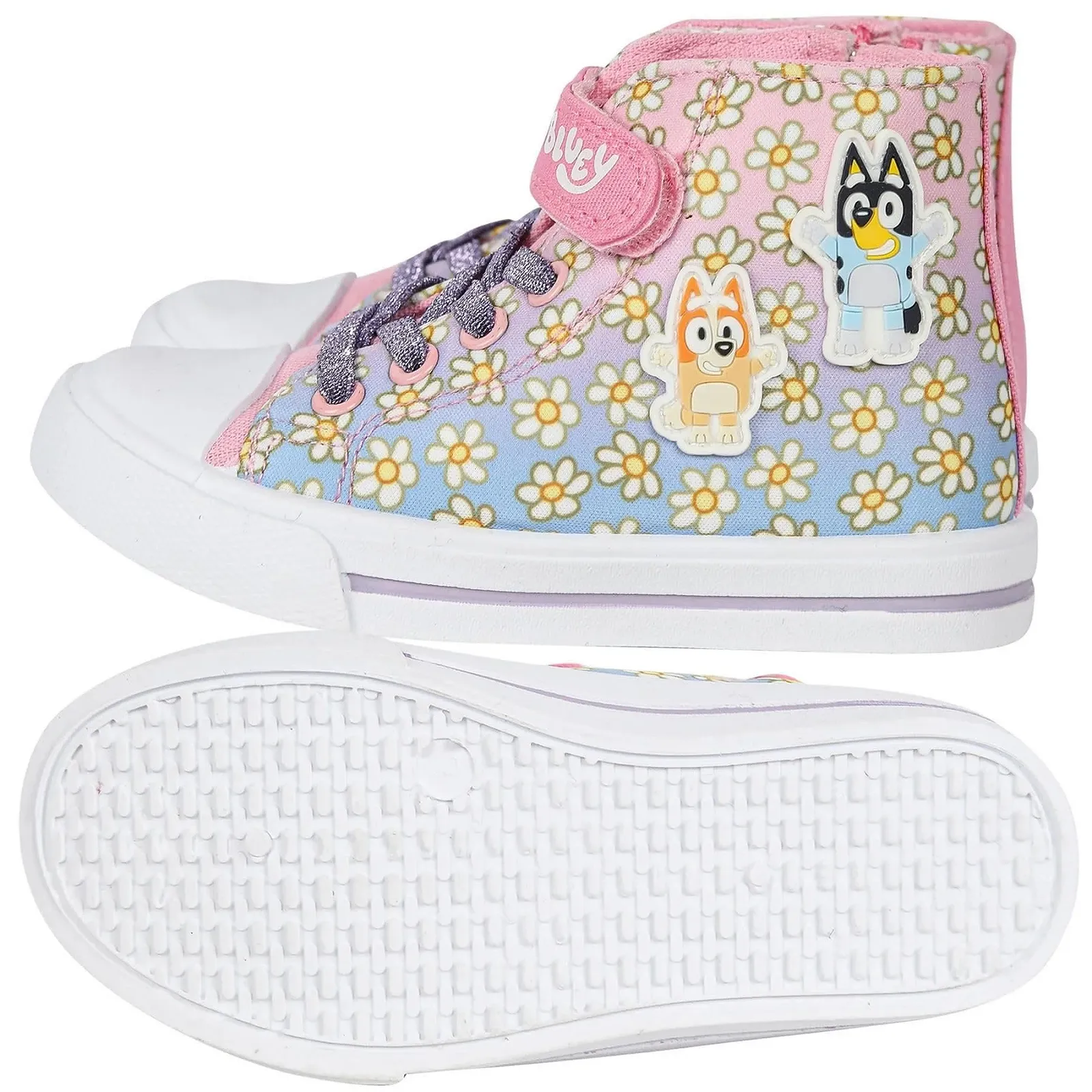 Кеды детские Bluey Высокие кеды для девочек Тканевые туфли с ремешками на липучках Блестящие шнурки и боковая молния Официально лицензированный продукт Цветочный принт Размеры 6-12, фото №5