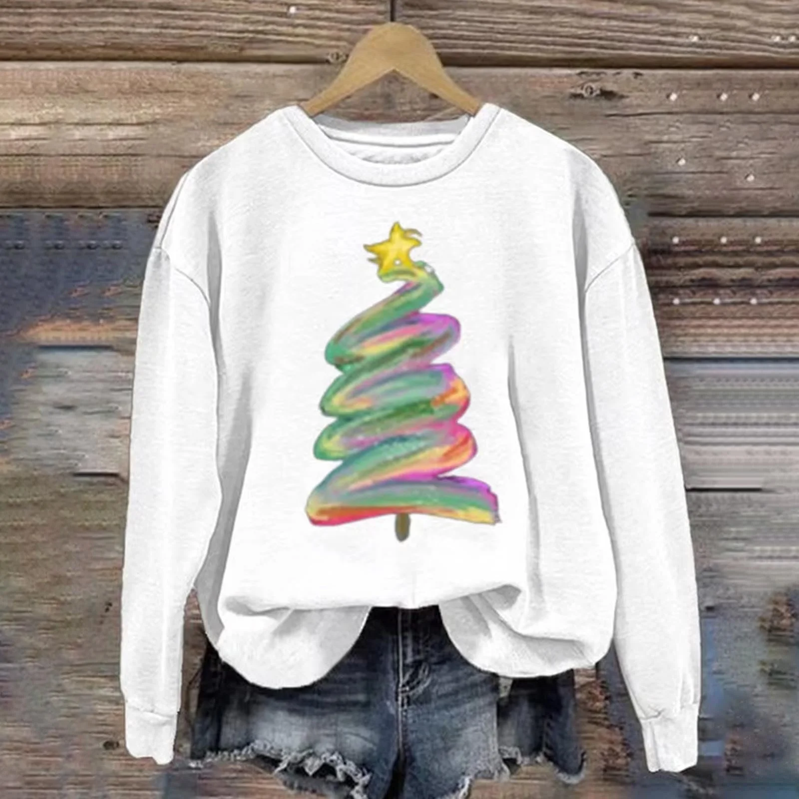 Рождественский свитшот Женский Ёлка Графический круглый вырез Длинный рукав Цветной верх, фото №3