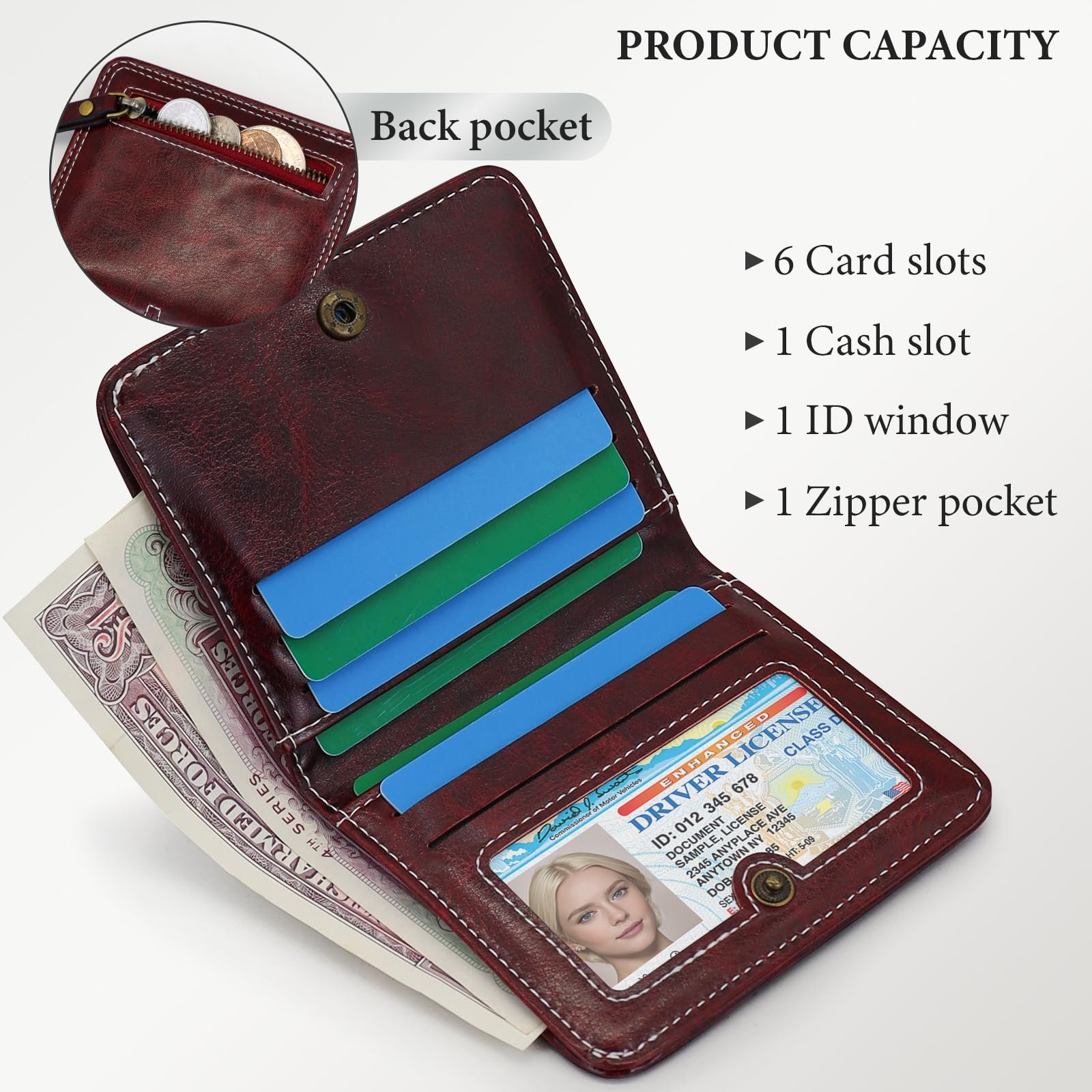 Кошелек AdiStylinno Маленький PU Кожаный Цветочный Bifold Slim Mini Ретро Картхолдер Отделение для монет Окно для ID 6 слотов для карт, винно-красный, ретро, фото №2