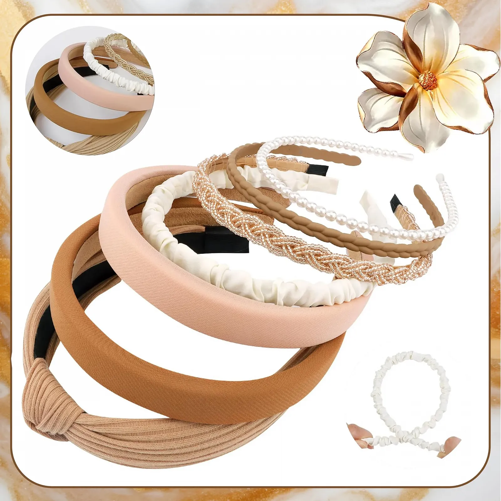 Набір із 7 жіночих обручів для волосся Brown з бісером, фото №4 Набір із 7 жіночих обручів для волосся Brown з бісером, фото №4