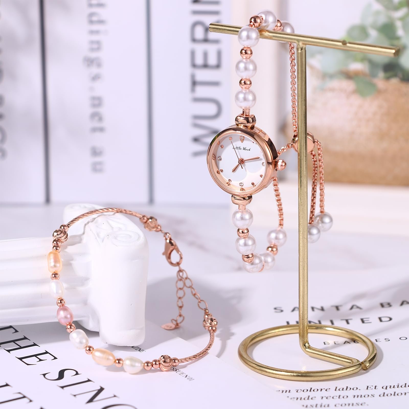 Женские часы-браслет JewelryWe Набор ювелирных изделий Женские аналоговые кварцевые часы Элегантные часы с жемчужным браслетом Браслет бесконечности Регулируемый браслет Розовое золото Серебро Подарок для женщин Девушек, фото №8
