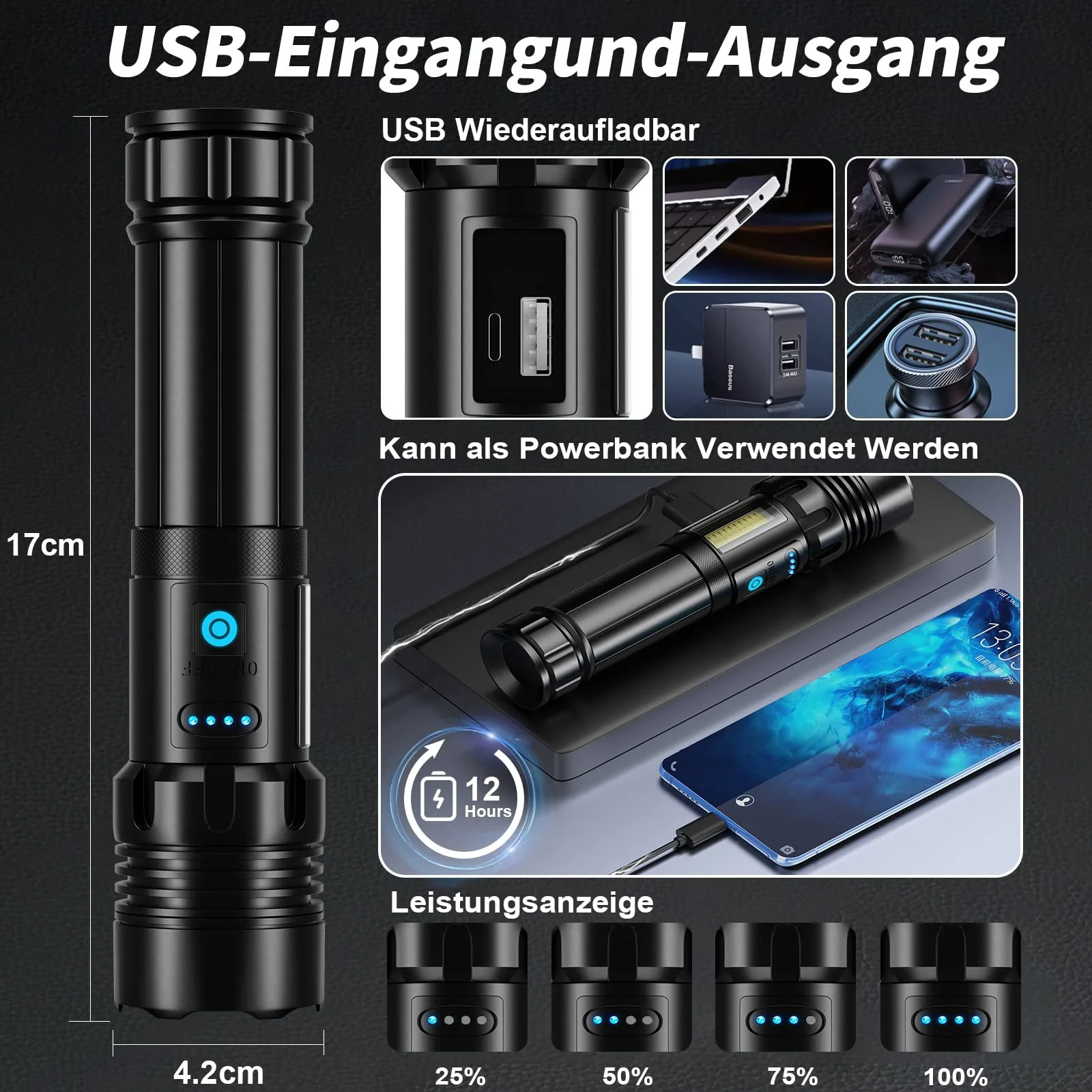 Світлодіодний ліхтар Cinlinso 500 000 люмен, тактичний, USB-C, акумуляторний, 7 режимів, масштабований, IPX6, з батареєю, фото №5