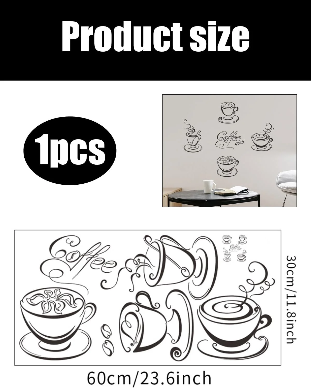 Наклейка для декору стін Кухонна Чашки та зерна кави чорна, фото №2 Наклейка для декору стін Кухонна Чашки та зерна кави чорна, фото №2