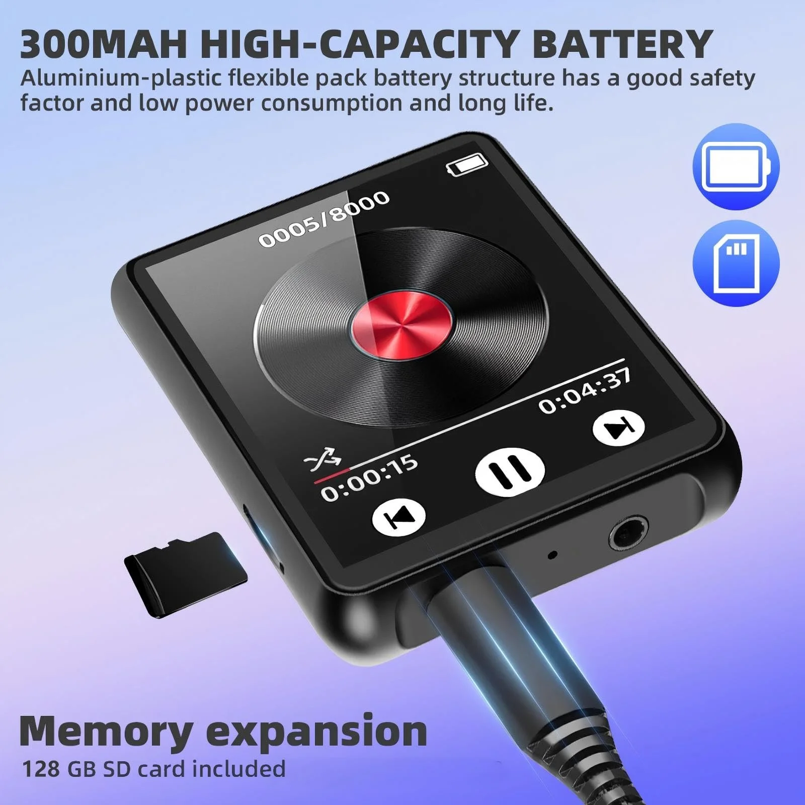MP3 плеєр Cetoon 128GB з Bluetooth, портативний, цифровий, з динаміком, 2.4" Full Touch Screen, HiFi звук, FM-радіо, диктофон, дротові навушники в комплекті, для бігу, спортзалу, фото №5
