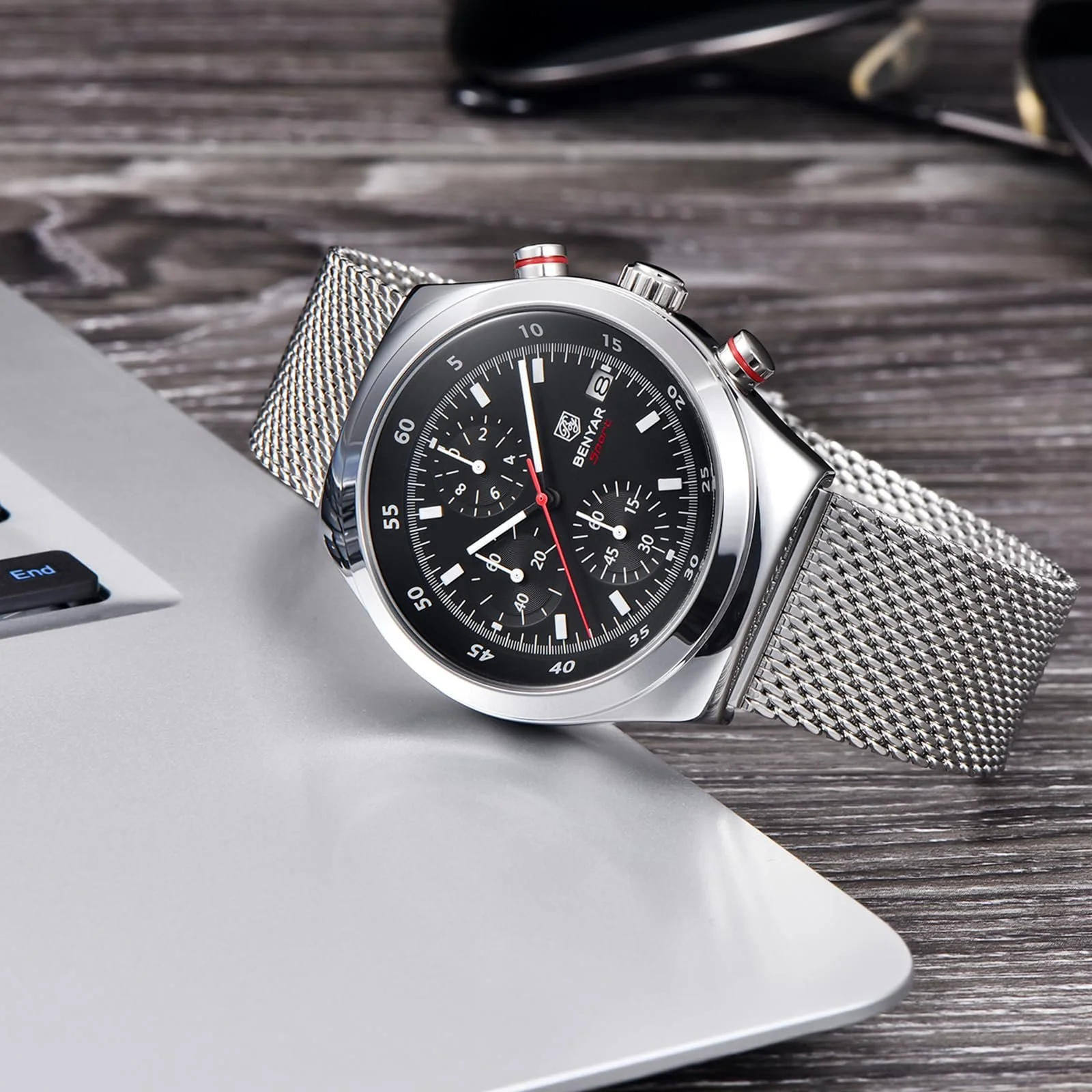 Мужские Часы Benyar Кварцевый Механизм Хронограф Дата Сетчатый Браслет из Нержавеющей Стали, фото №5 Мужские Часы Benyar Кварцевый Механизм Хронограф Дата Сетчатый Браслет из Нержавеющей Стали, фото №5