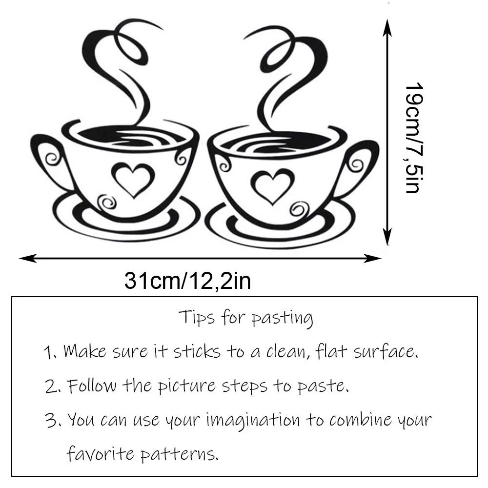 Наклейка на стіну Подвійні чашки кави та чаю Декор для кухні кафе та ресторану, фото №2 Наклейка на стіну Подвійні чашки кави та чаю Декор для кухні кафе та ресторану, фото №2
