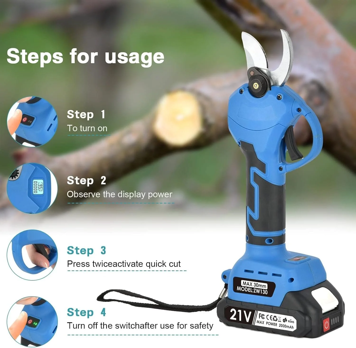 Садові ножиці акумуляторні електричні Max 30 мм діаметр різу з 2 x 2000 mAh батареями, фото №3