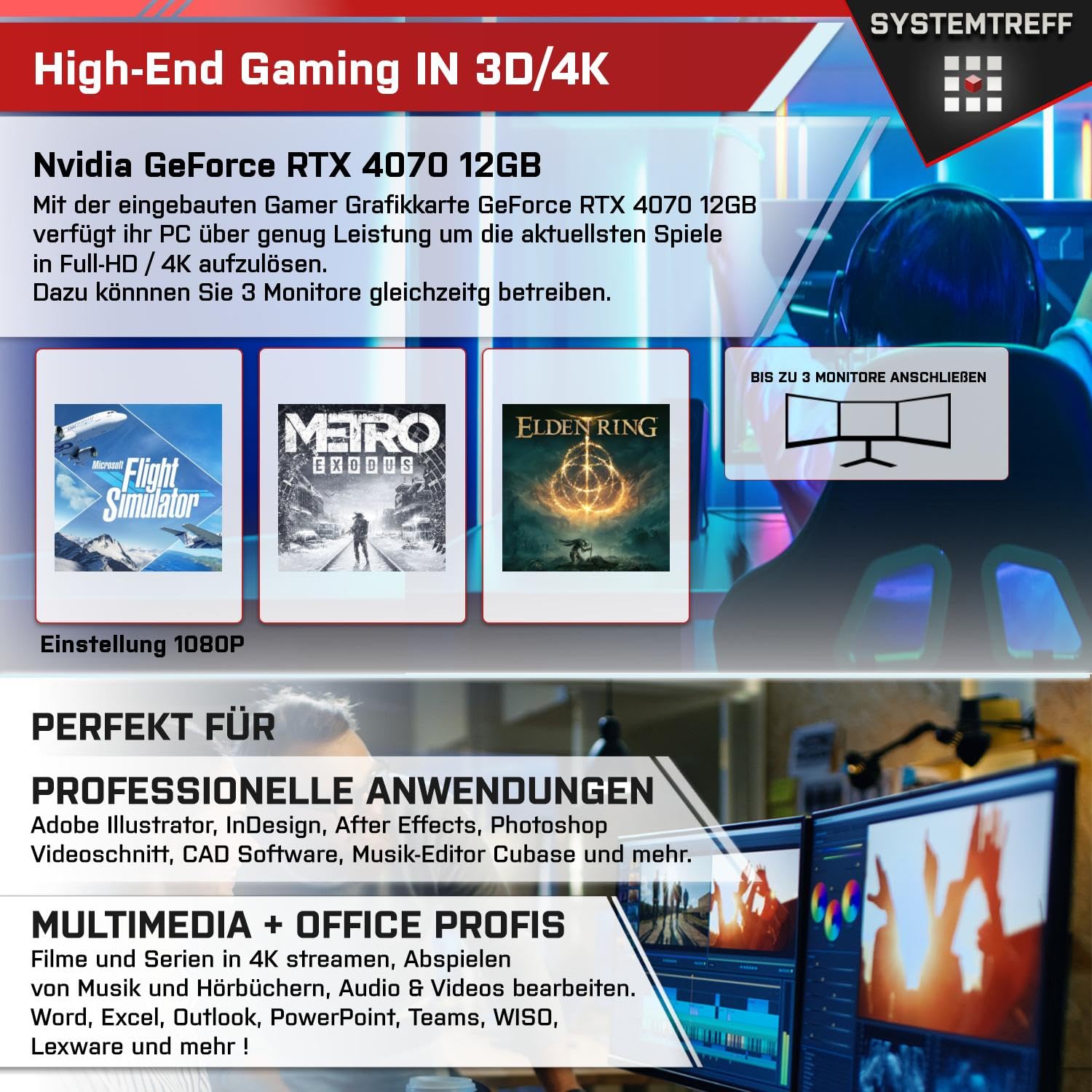 ПК SYSTEMTREFF High-End Gaming Intel Core i5-13400F 10x4.6GHz Nvidia GeForce RTX 4070 12GB DX12 1TB M.2 NVMe 32GB DDR4 RAM WLAN, фото №5