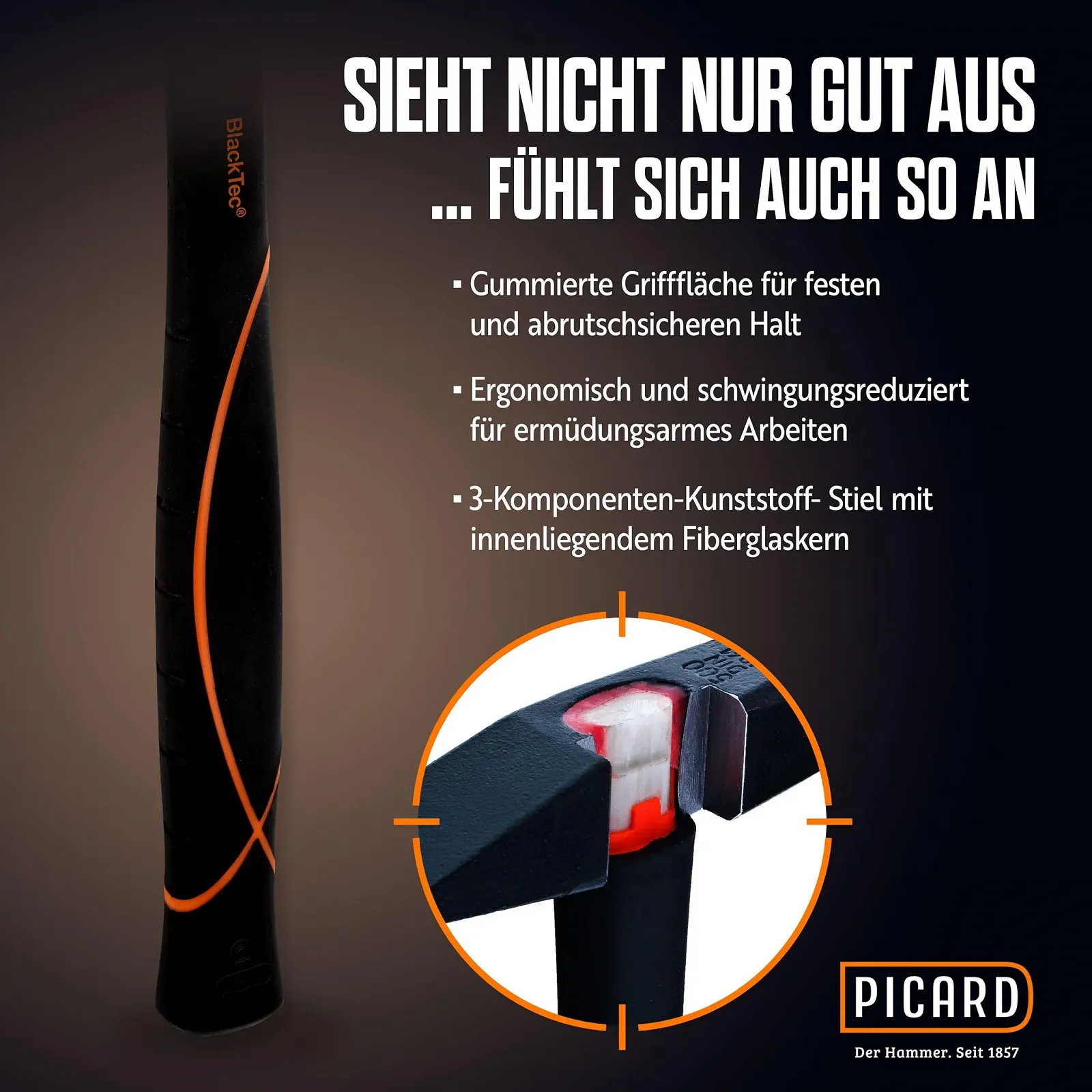 Молоток слесарный Picard BlackTec 0032700-0500 500 г с пластиковой ручкой DIN 1041, фото №4 Молоток слесарный Picard BlackTec 0032700-0500 500 г с пластиковой ручкой DIN 1041, фото №4