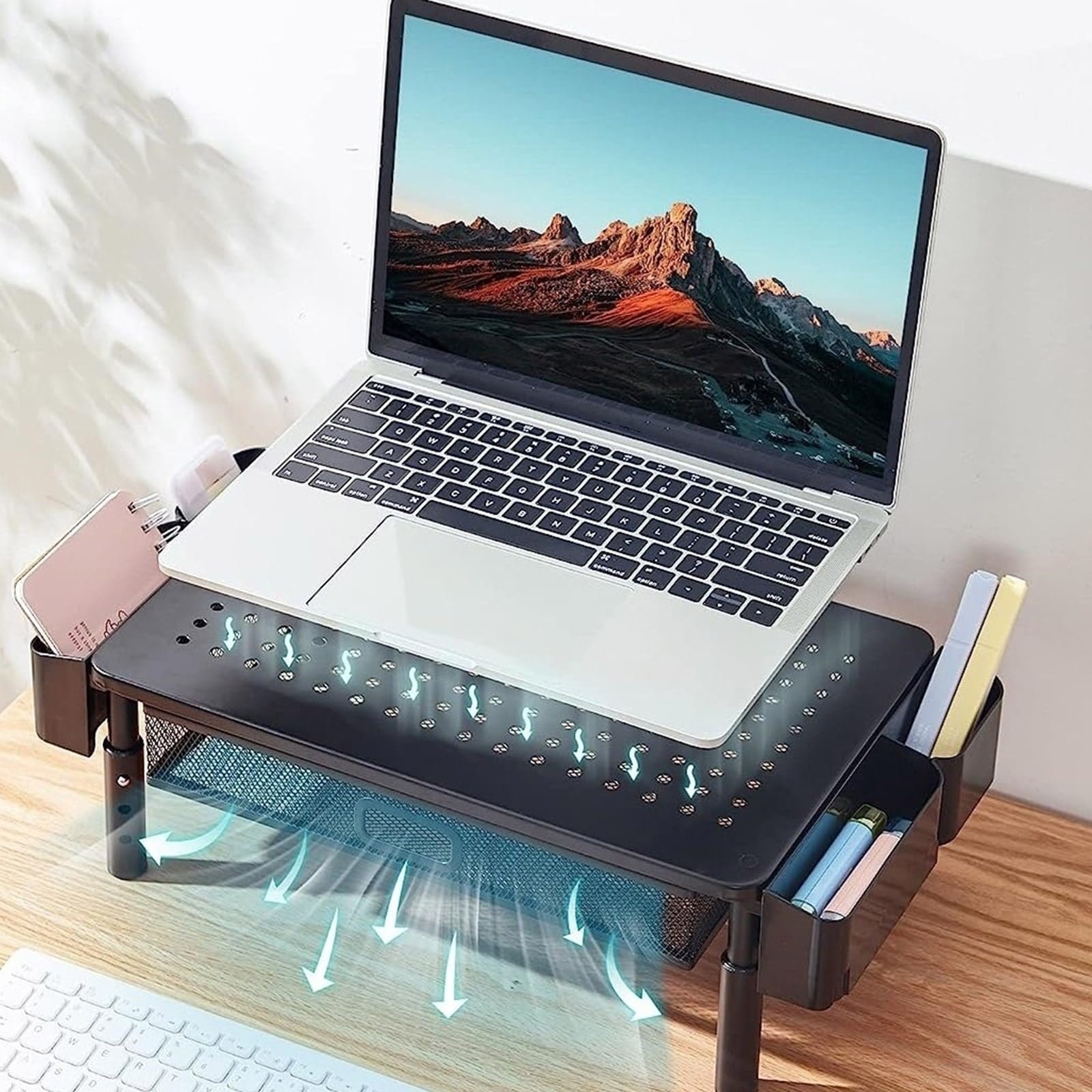 Регулируемая по высоте подставка для экрана PURPLELILY с боковым хранилищем, металлическая подставка для ноутбука с ящиком, держателем для телефона, держателем для ручек, многофункциональная подставка, фото №7