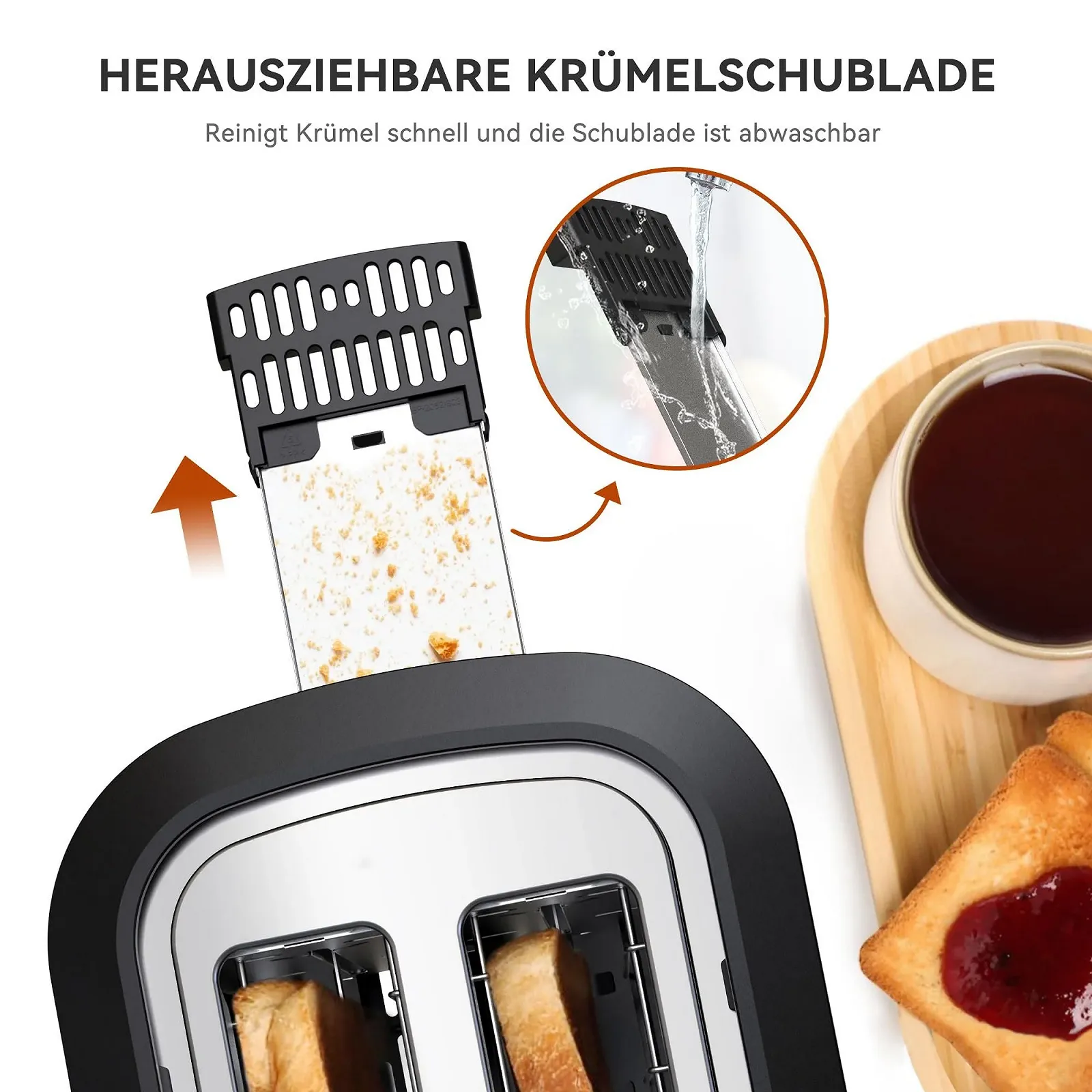 Тостер KitchenBoss з нержавіючої сталі на 2 скибочки з насадкою для булочок, 6 рівнів підсмажування, з автоматичним вимкненням, функцією розморожування та функцією підігріву, 870 Вт, фото №6