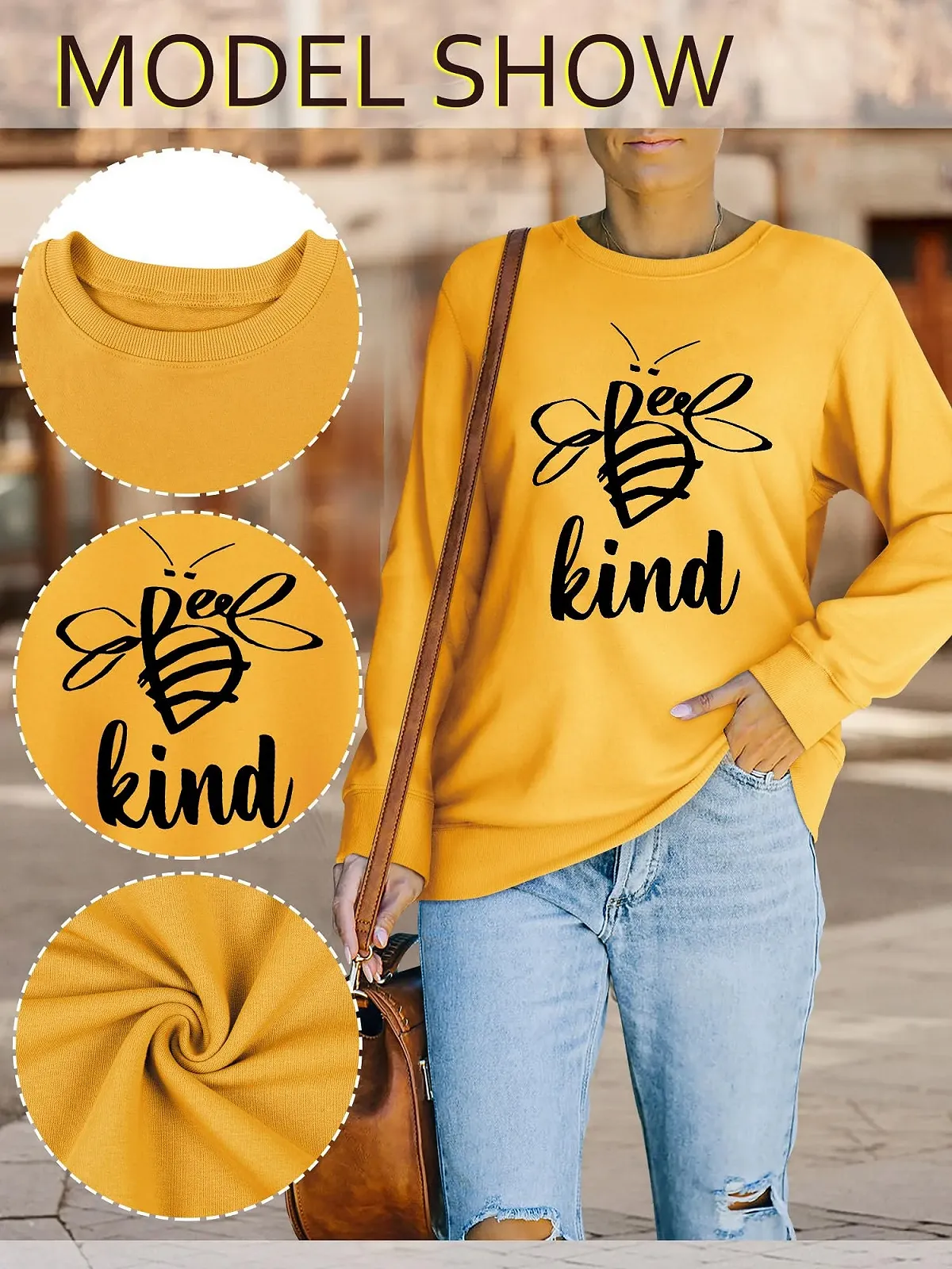 Свитшот WIEIYM Be Kind Женский, с рисунком милой пчелки, с круглым вырезом горловины, смешные топы с длинными рукавами, базовый пуловер для весны, осени, зимы, фото №5 Свитшот WIEIYM Be Kind Женский, с рисунком милой пчелки, с круглым вырезом горловины, смешные топы с длинными рукавами, базовый пуловер для весны, осени, зимы, фото №5