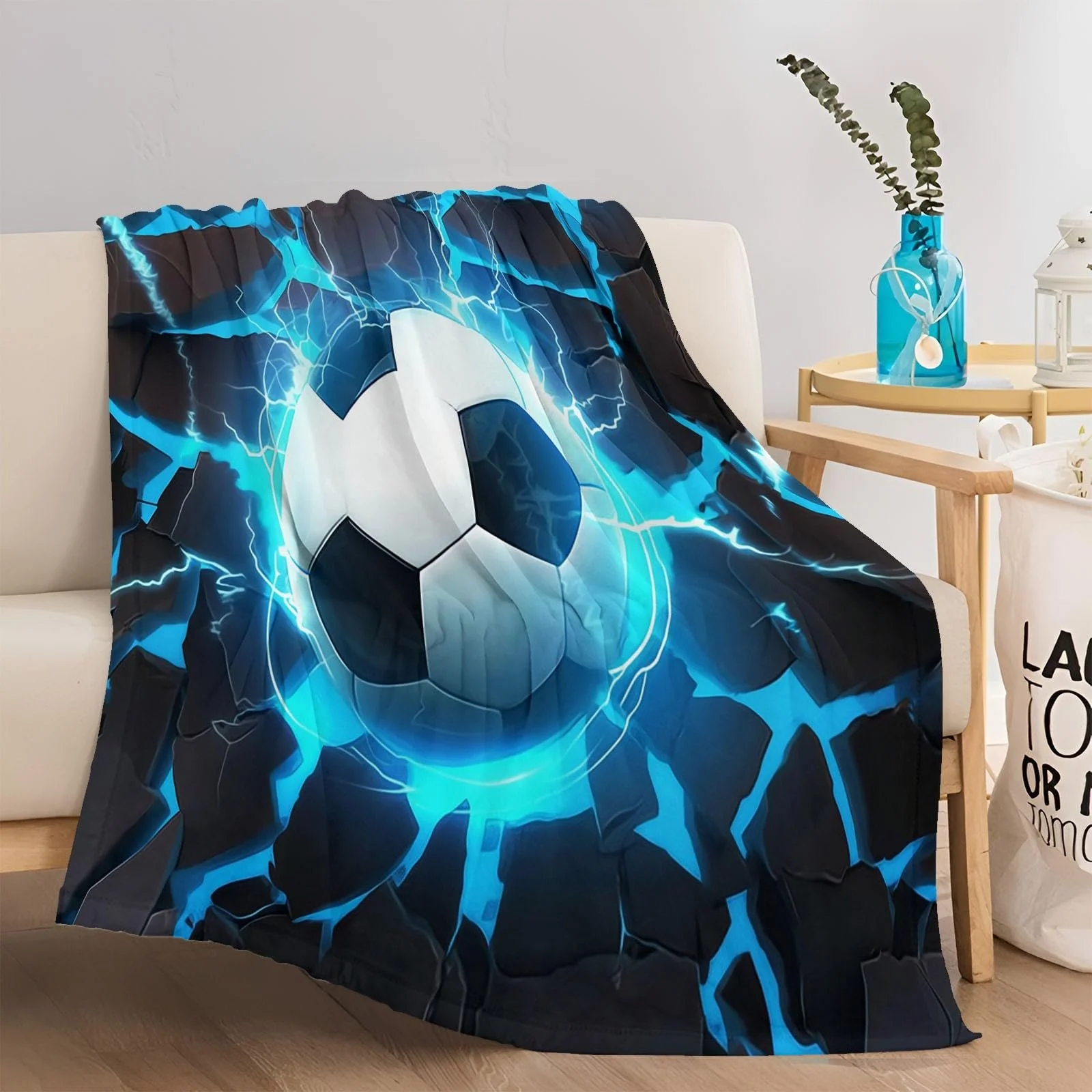 М'яка Покривало Однотонний 3D Футбольний м'яч Високоякісний фланель, Синій Чорний, 180 x 220 см, фото №4