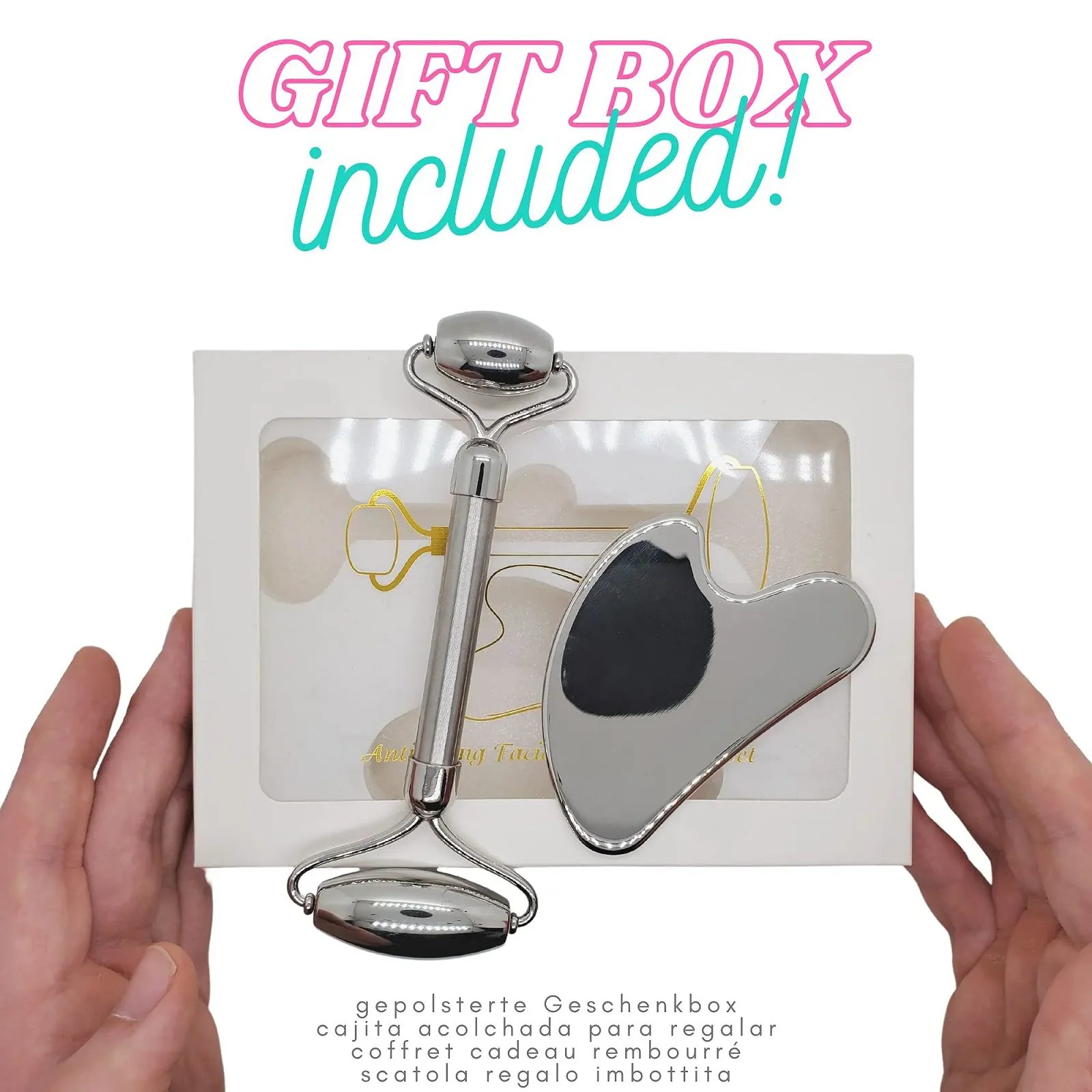 Набір Gua Sha + Масажний ролик для обличчя з нержавіючої сталі 304 і металевий камінь, фото №6