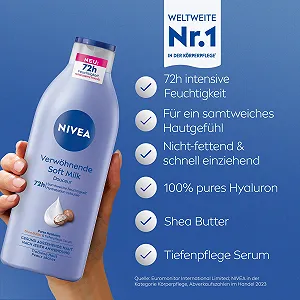 Молочко для тела NIVEA Pampering Soft Milk для сухой кожи с сывороткой Deep Care, увлажняющее средство с маслом ши и 100% чистой гиалуроновой кислотой, 400 мл synthetic.ua - Фото 1