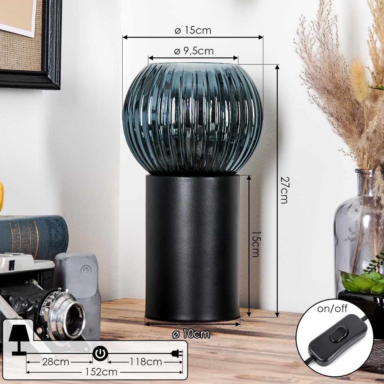 Настільна лампа HOFSTEIN Koyoto метал/рифлене скло Ø 15 см E27 Чорний/Синій, фото №4