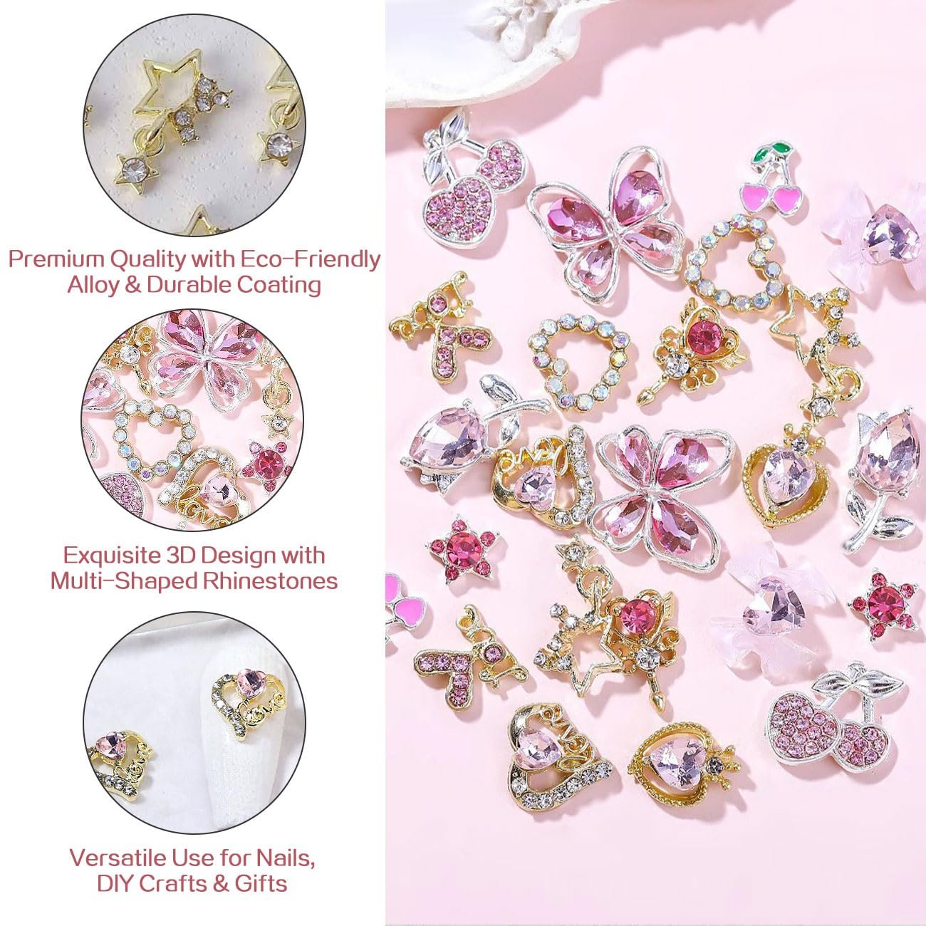 Набір прикрас для нігтів (24 шт.) Квіти Прикраса для нігтів Вишня Зірка Бант Камені Блискітки, фото №3