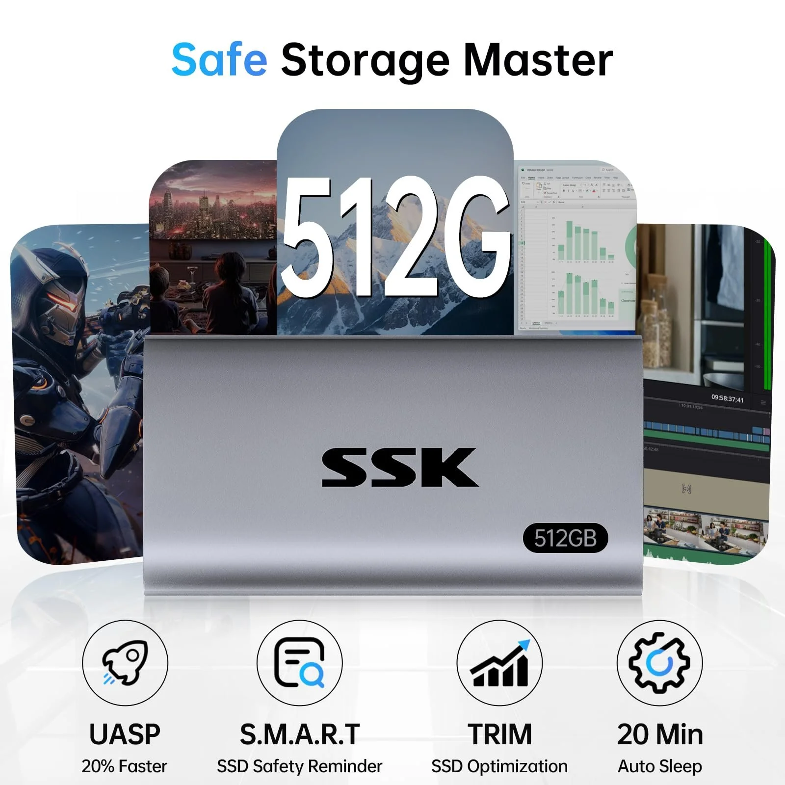 Зовнішній SSD SSK 512 ГБ USB 3.2 Gen2 USB C&A Чорний, фото №4