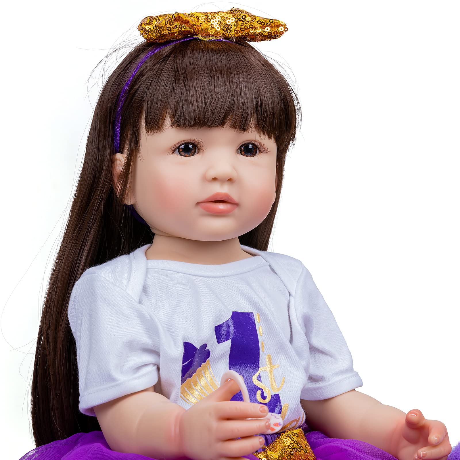 Кукла MineeQu 22 Inch Handmade Long Brown Hair Reborn Baby Doll Silicone Vinyl Anatomically Correct Girl Gift Set, фото №3