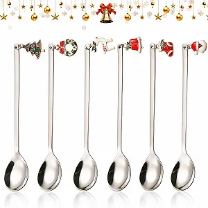 Набор из 6 рождественских ложек из нержавеющей стали, праздничные кофейные ложки с рождественским кулоном в элегантном дизайне, элегантная десертная ложка и ложка для смешивания для рождественского и зимнего украшения стола - Фото 1