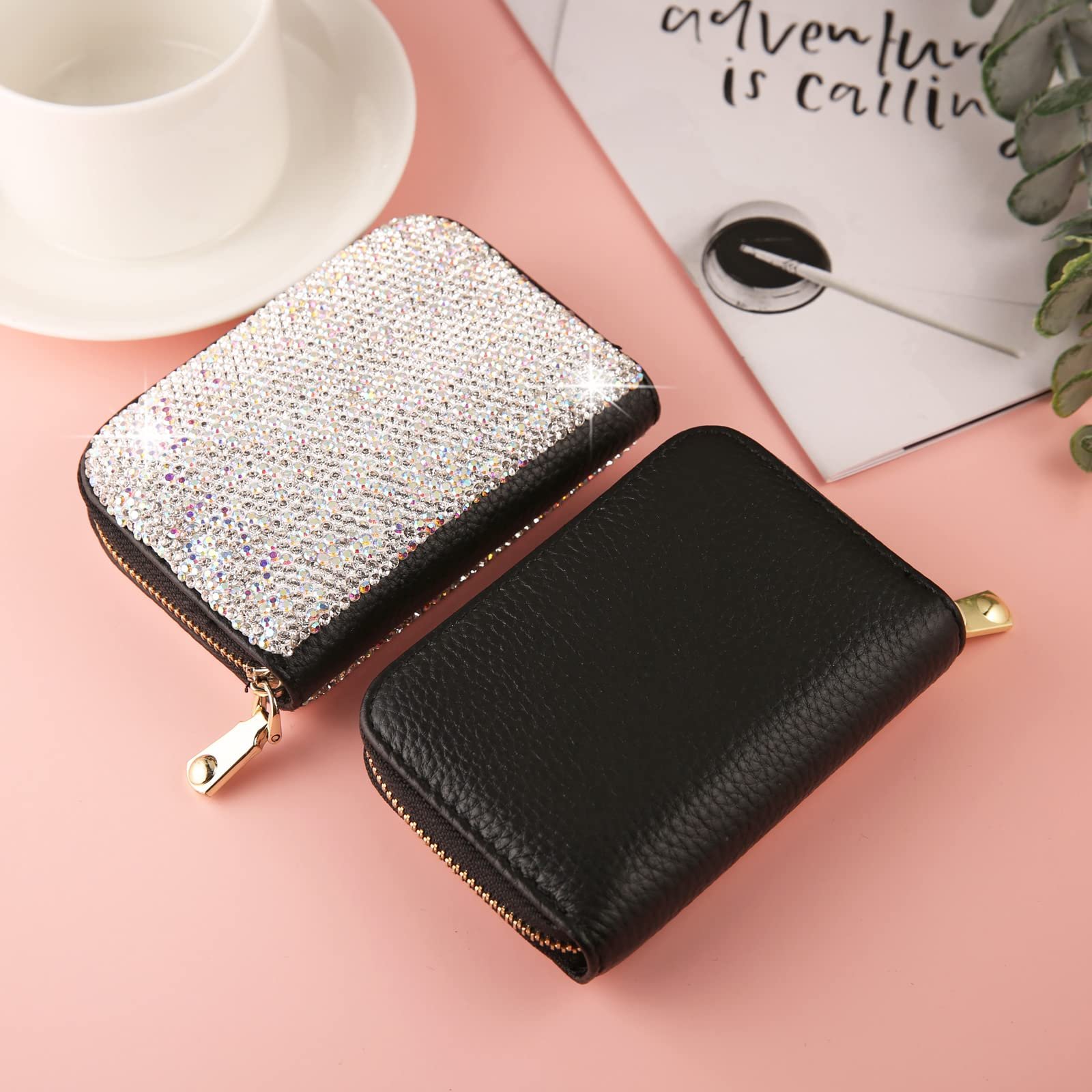 Картхолдер AsAlways Rhinestone для кредитных карт для женщин, с RFID-защитой, тонкий кожаный кошелек на молнии, серебристый, Modern, серебристый, фото №6