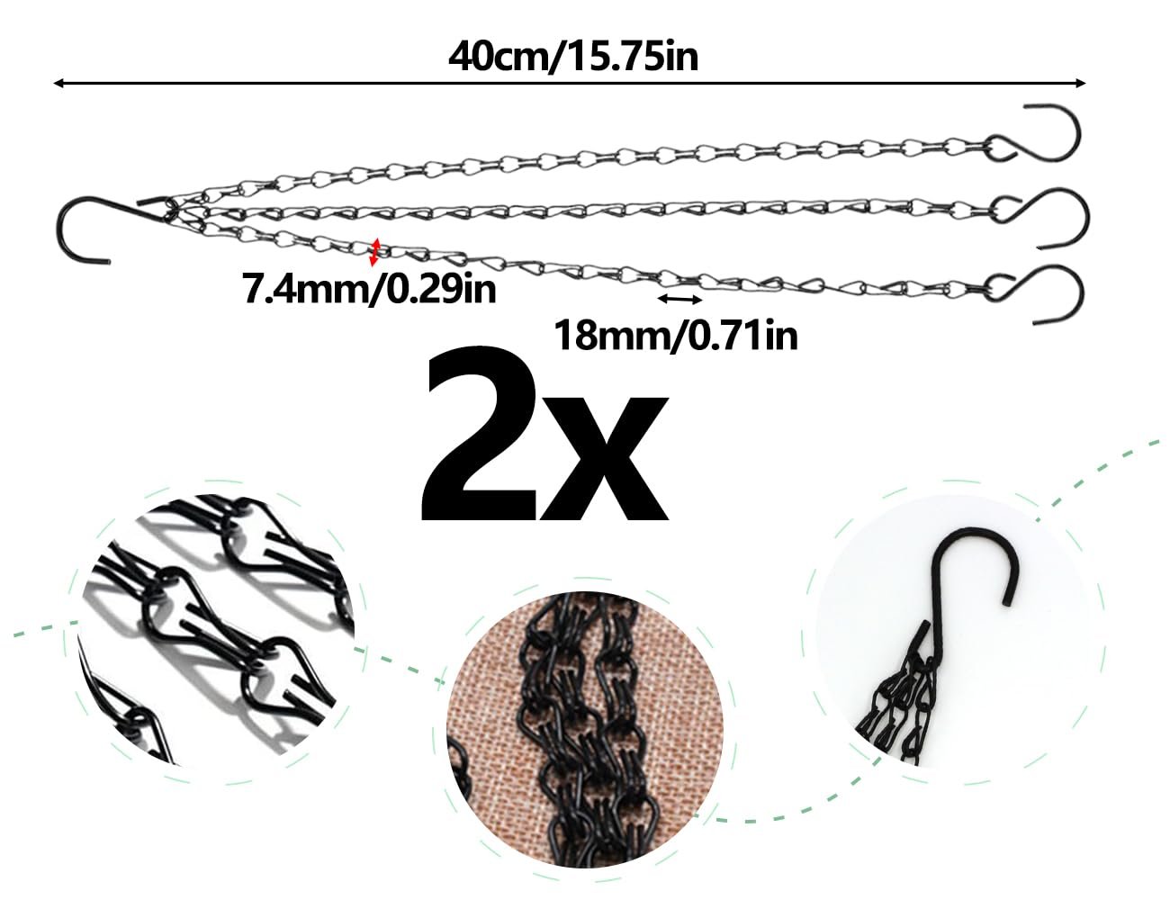 Набор цепочек для подвесных корзин Металлические трехпроводные с S-образными крючками, 2 шт., 32 см, Черный, фото №2