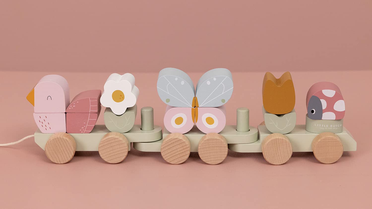 Деревянный поезд Little Dutch 7067 FSC с формами и тяговым шнуром - Цветы и Бабочки, фото №6