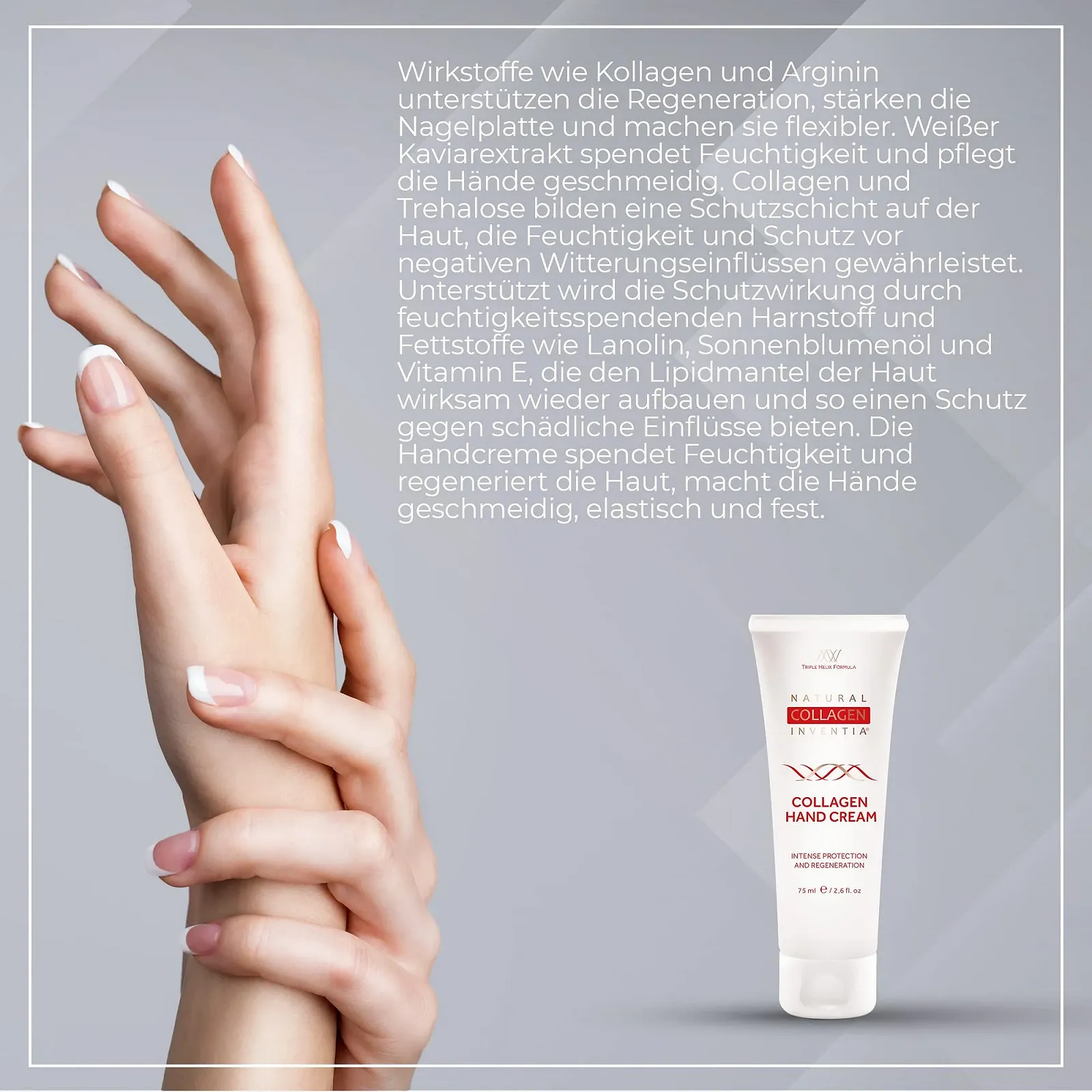 Крем для рук Collagen 75 мл з екстрактом аргініну білої ікри - покращує колір обличчя, регенерує дуже сухі руки - захищає шкіру, фото №2