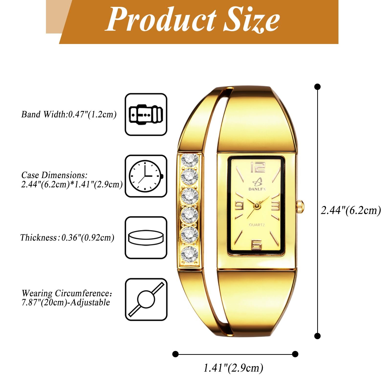 Женские часы-браслет прямоугольной формы JewelryWe: Золотые аналоговые кварцевые наручные часы-браслет с металлическим ремешком со стразами и квадратным циферблатом, фото №6