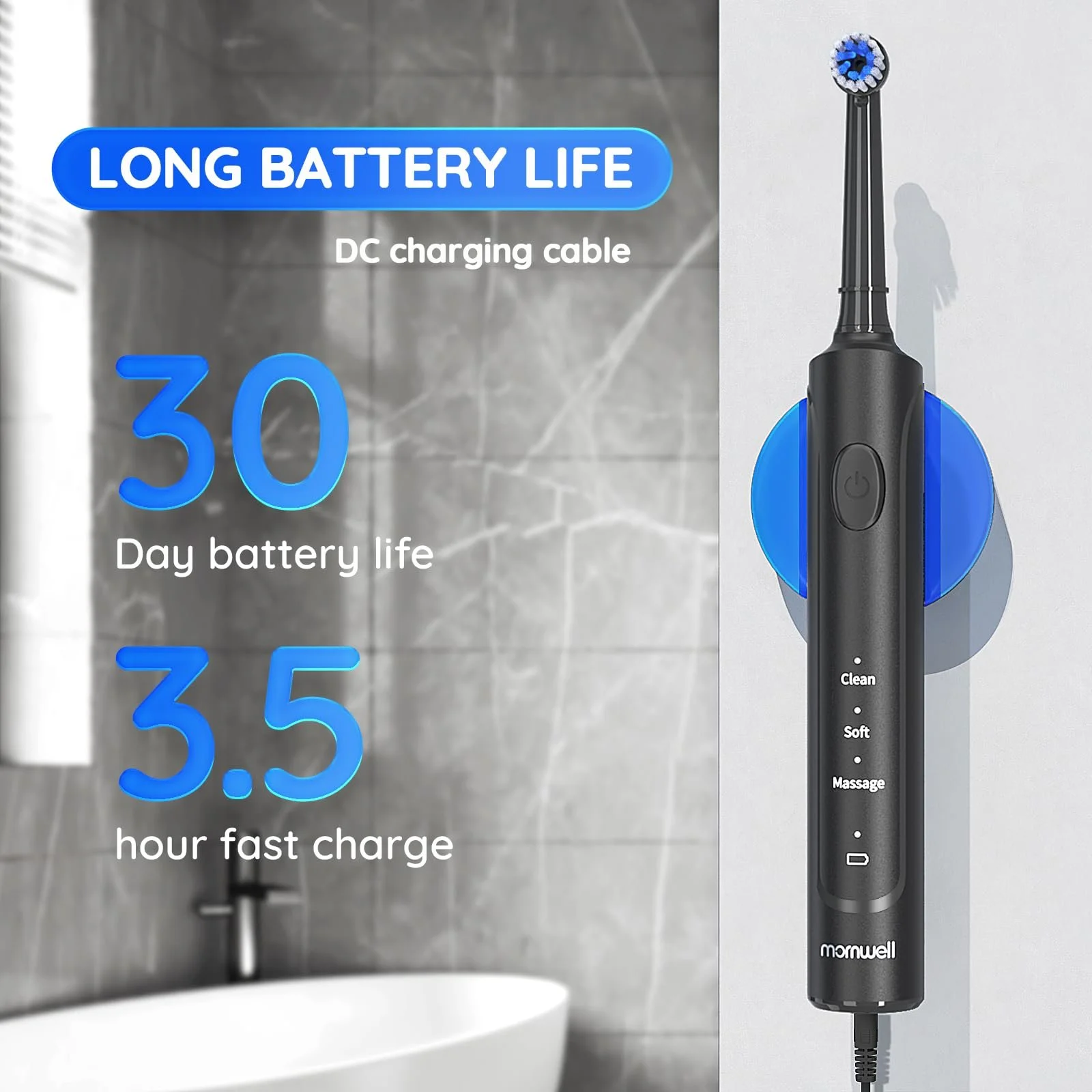Электрическая зубная щетка Mornwell Rotating Toothbrushes 3 режима USB быстрая зарядка, фото №3
