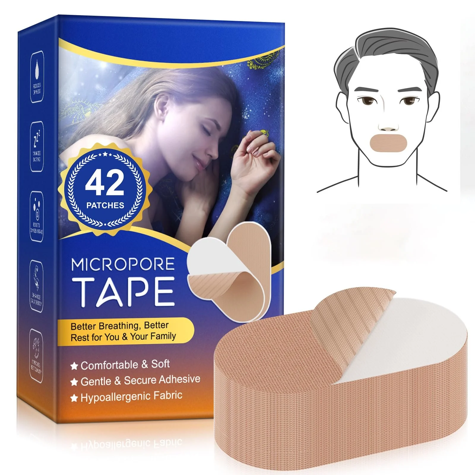 Пластирі для рота Sleep, 42 шт, Преміум стрічка для рота для сну, Проти хропіння, фото №1