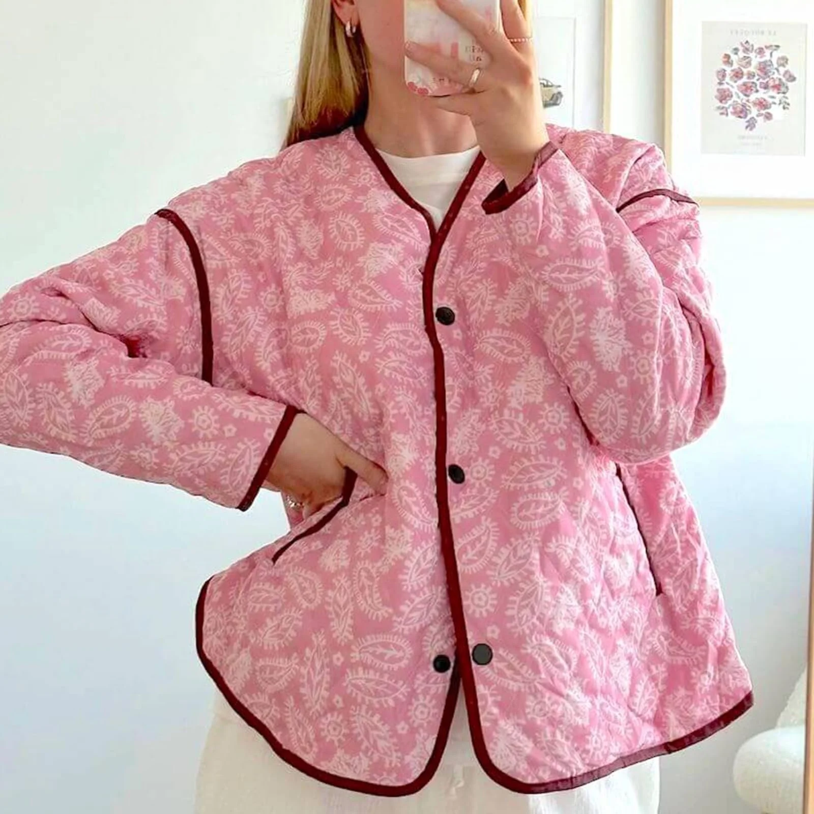 Жіноча Куртка з квітковим принтом Укорочена Повсякденна Легка На Ґудзиках З Підкладкою, фото №3