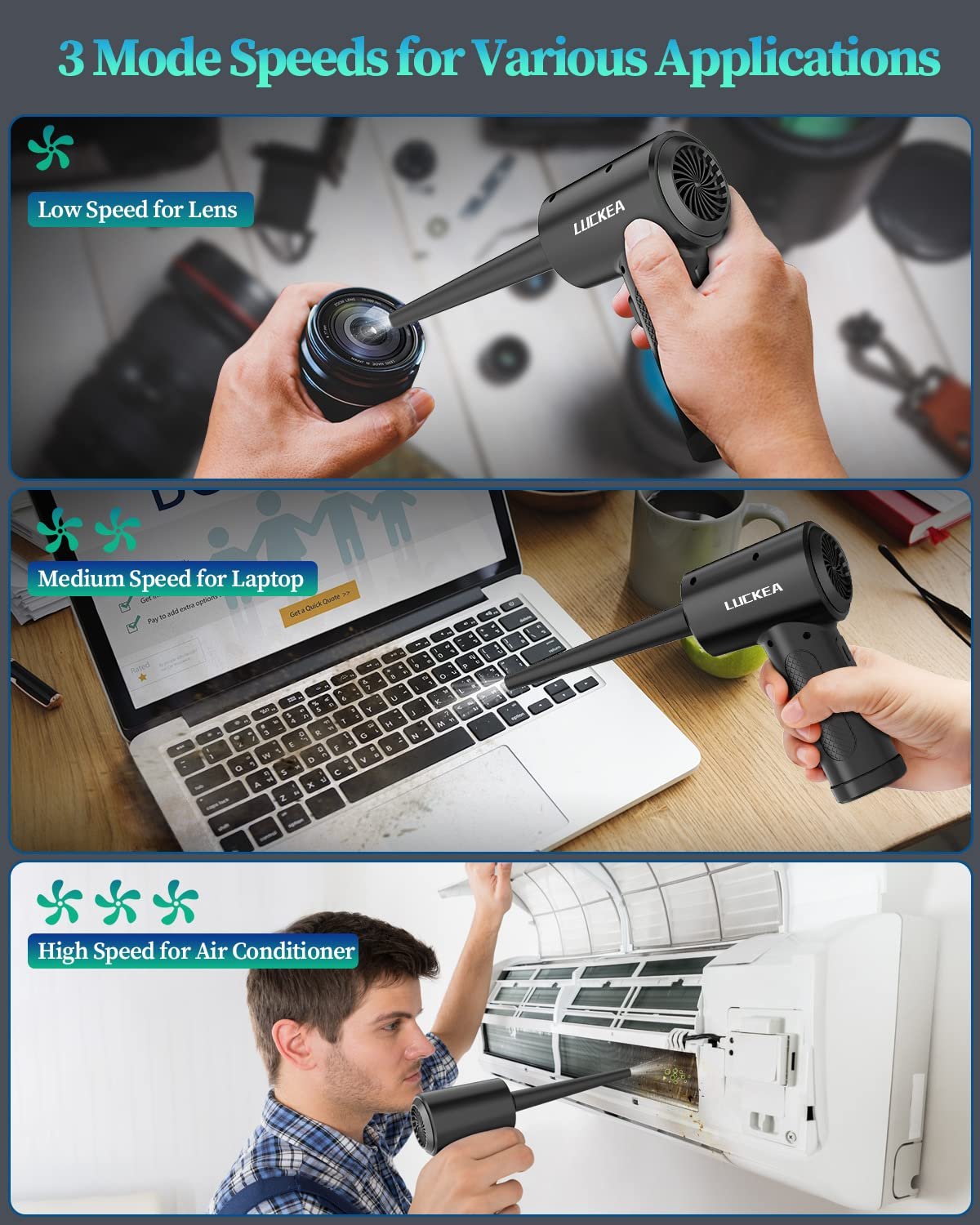 Электрический воздуходувка 3 скорости 6000 mAh LED для чистки ПК и офиса, фото №3