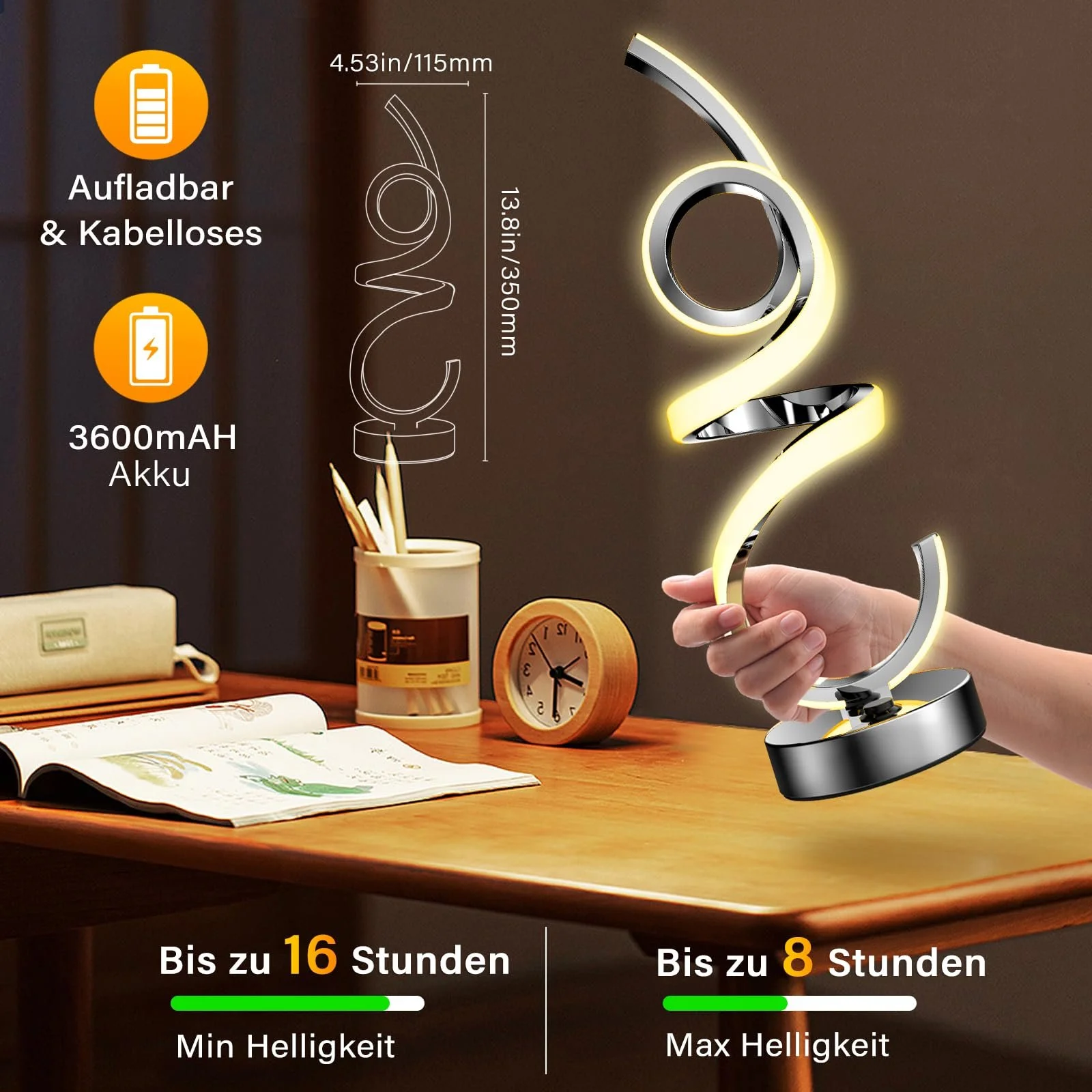 Настільна лампа LED Bedside Lamp RGB Dimmable Wireless Spiral Rechargeable, фото №4